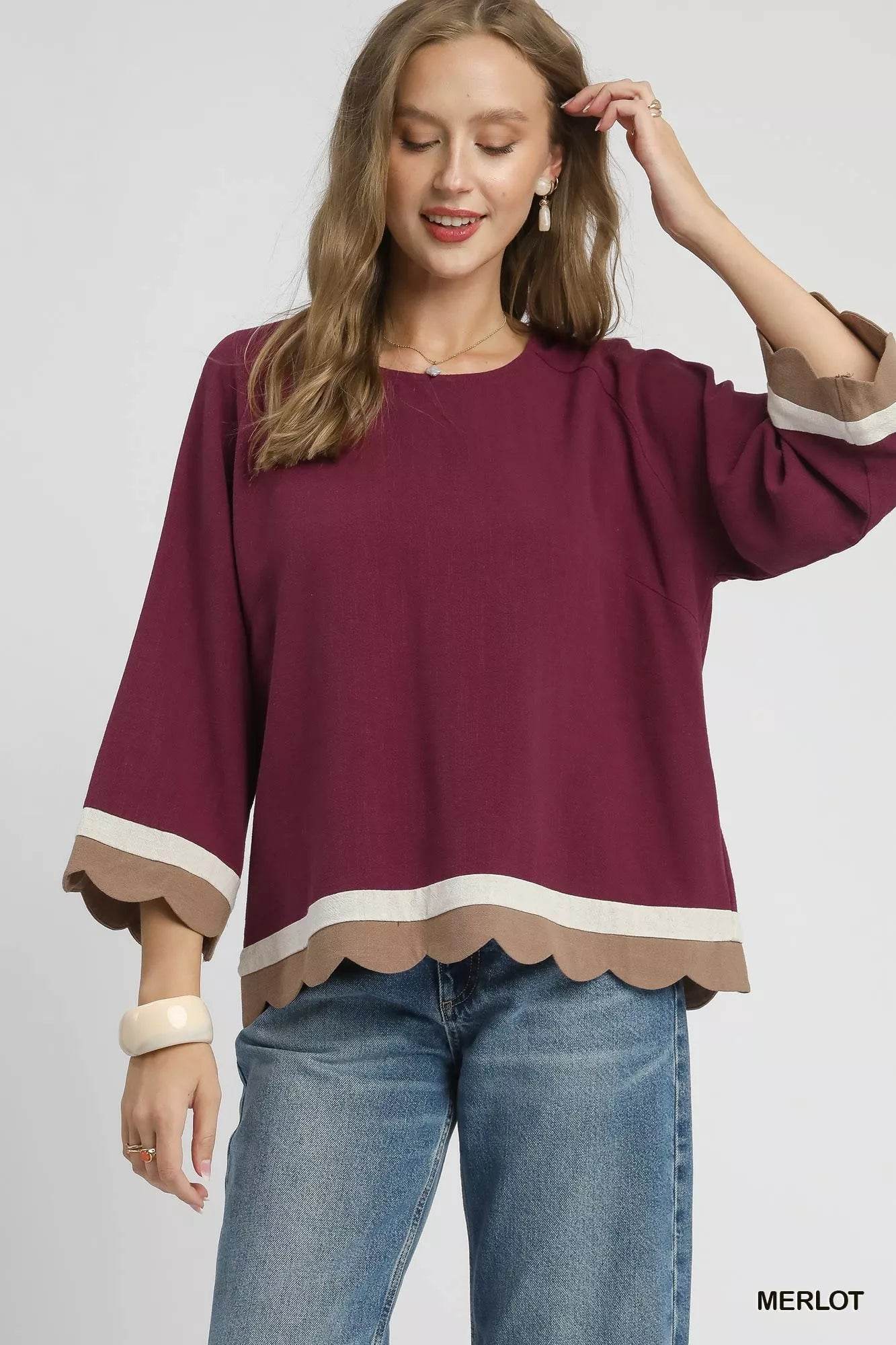 Umgee Scalloped Hem Color Block Top - ELY VESSA LLC