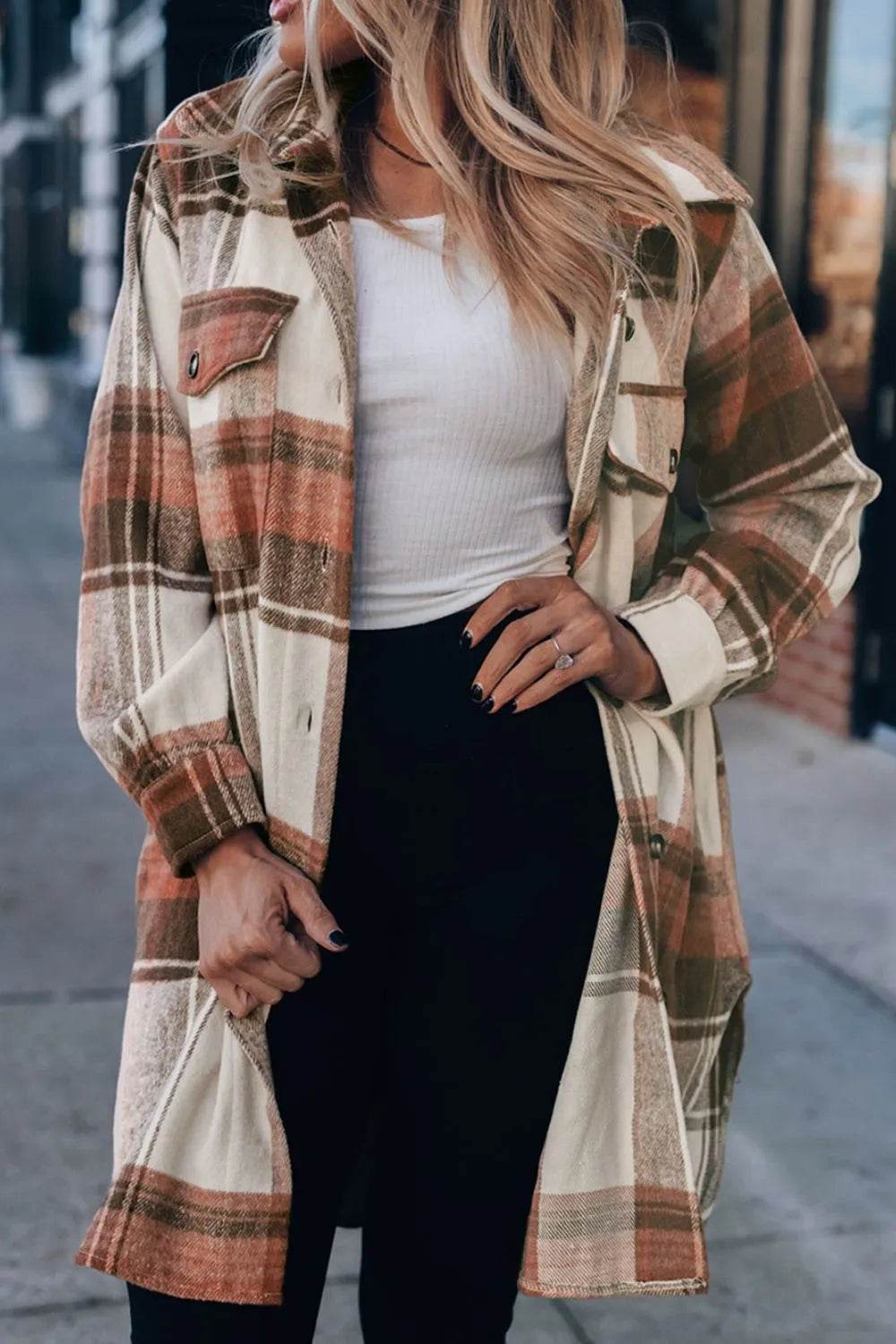 Pocketed Plaid Collared Neck Shacket - ELY VESSA LLC