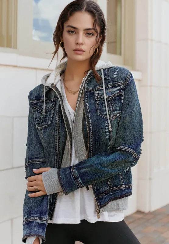 Fake Two-Piece Hooded Zip-Up Denim Jacket - ELY VESSA LLC