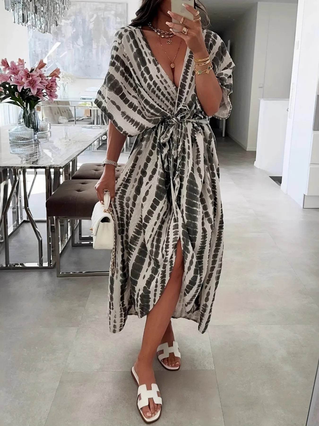 Tie-Dye Tie Waist Wrap Dress - ELY VESSA LLC