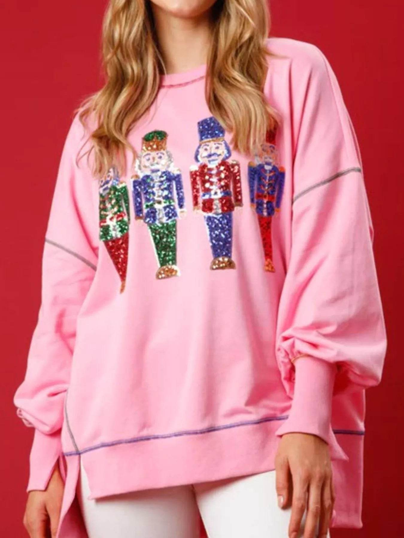 Christmas Nutcracker Sequin Round Neck Sweatshirt - ELY VESSA LLC