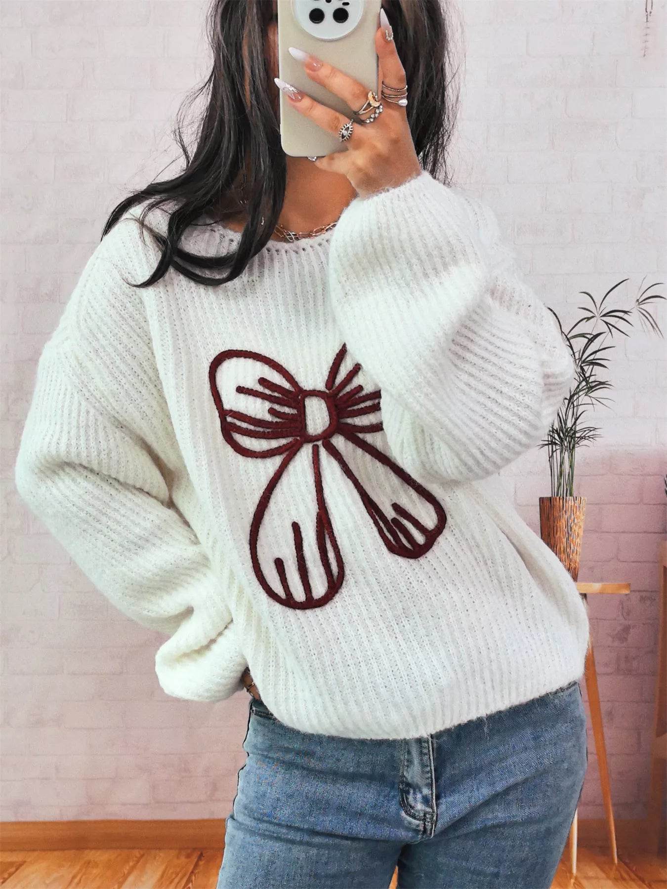 Bow Round Neck Long Sleeve Sweater - ELY VESSA LLC