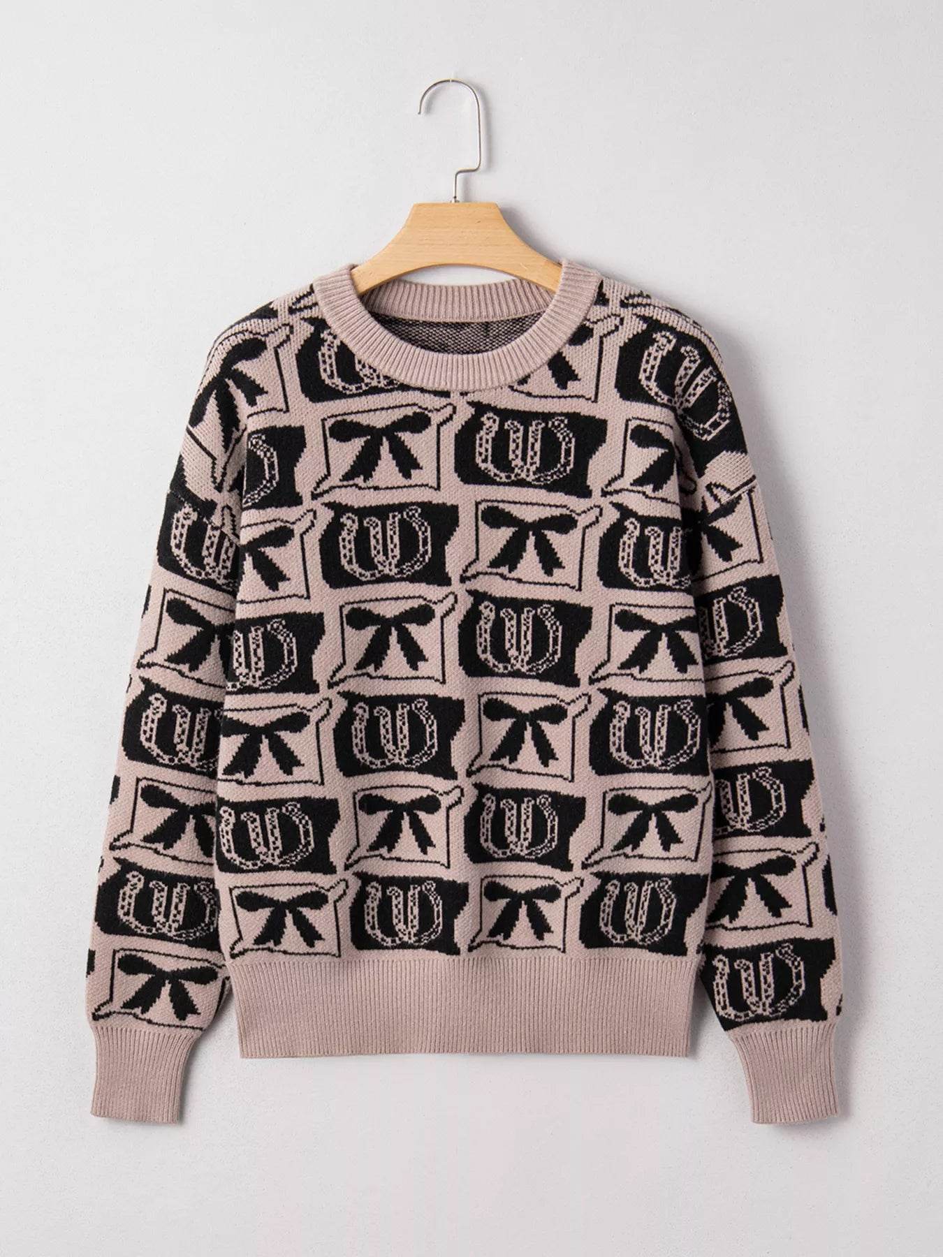 Bows & Horseshoes Pattern Round Neck Sweater - ELY VESSA LLC