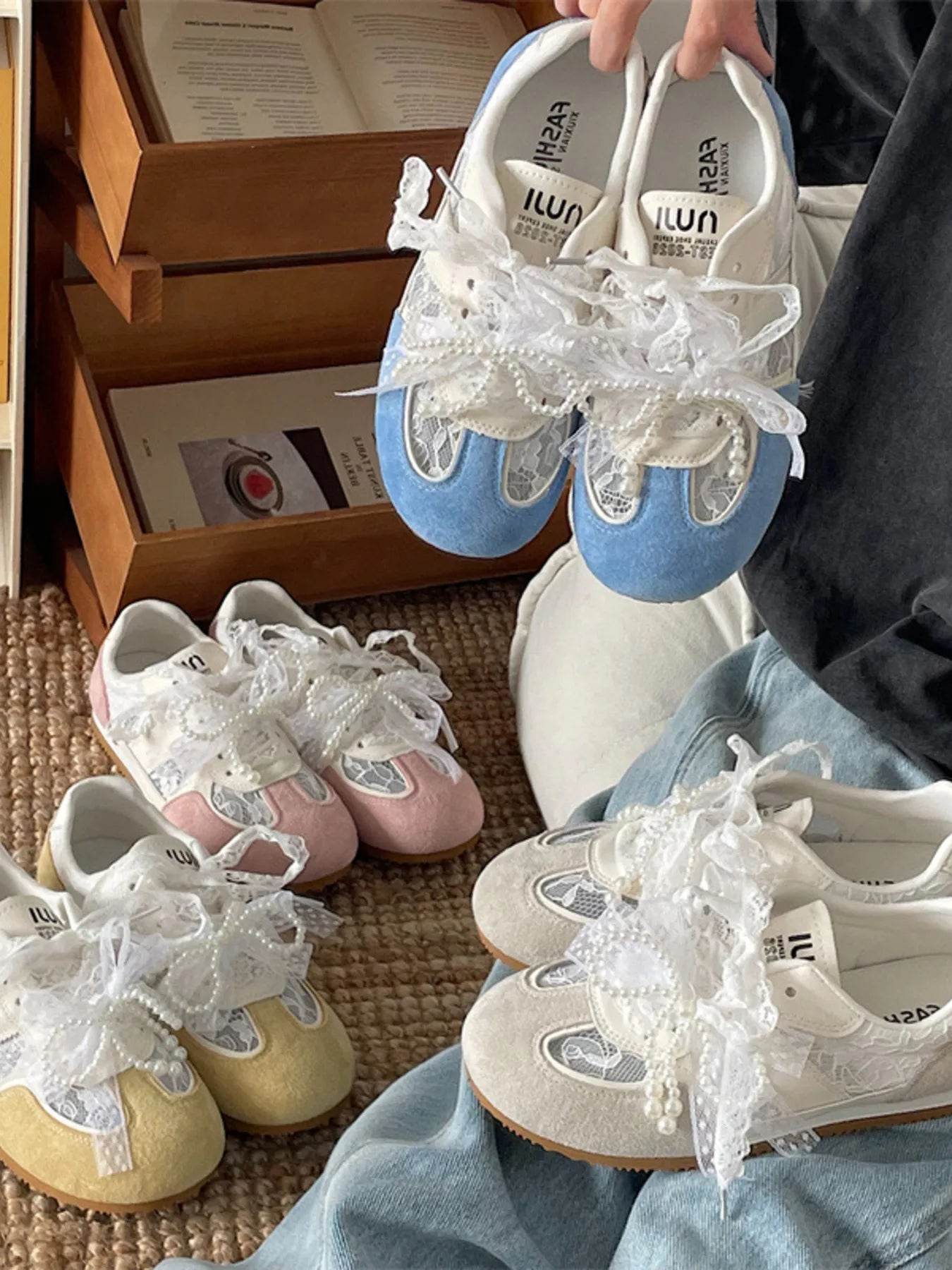 Vintage Lace Ribbon Sneakers - ELY VESSA LLC