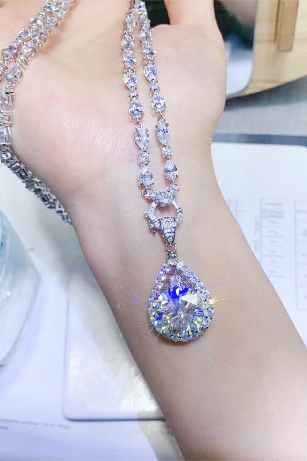 10 Carat Moissanite Teardrop Pendant Platinum-Plated Necklace - ELY VESSA LLC