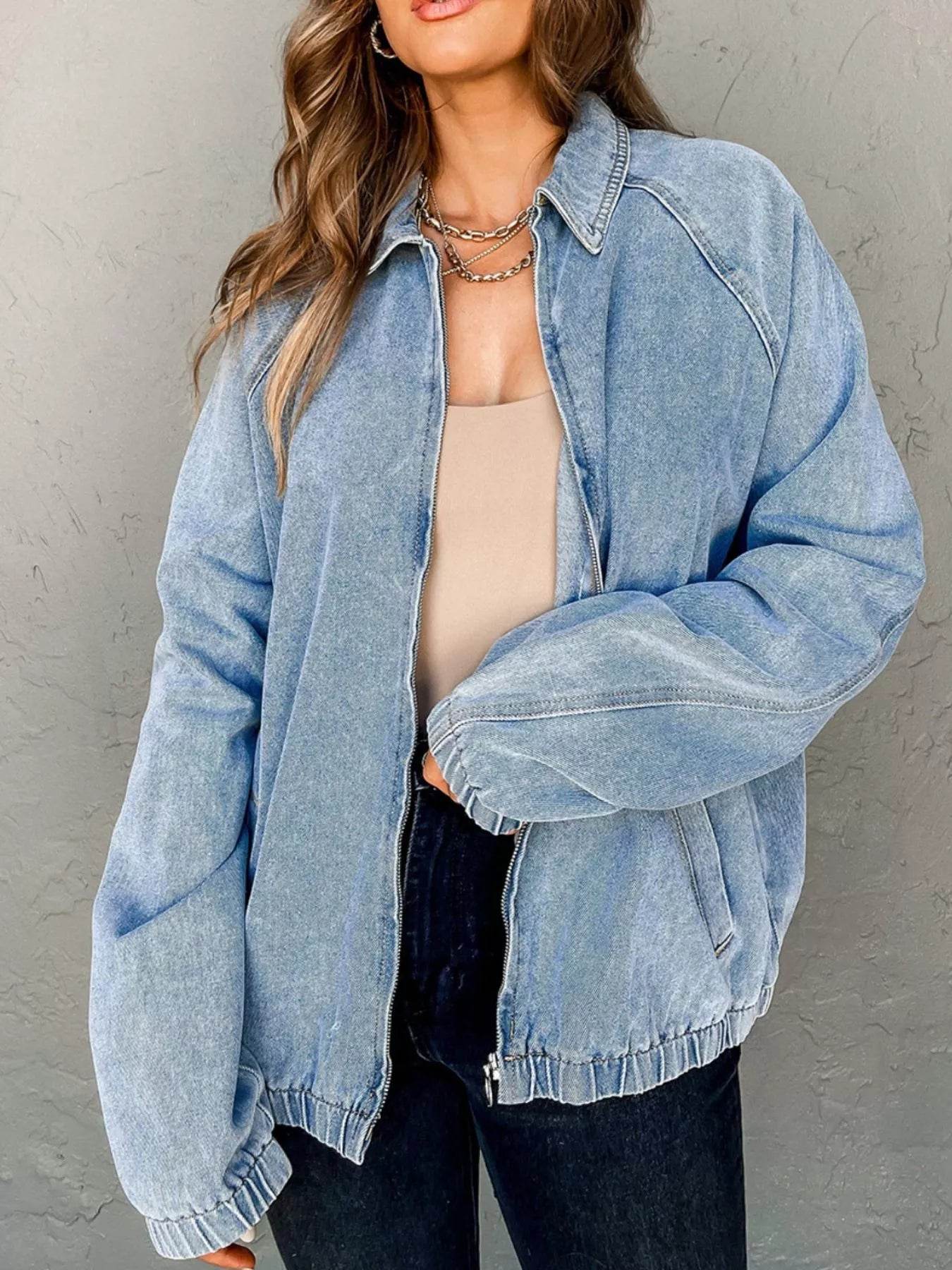 Elastic Edge Collared Zip Up Denim Jacket With Pocket - ELY VESSA LLC