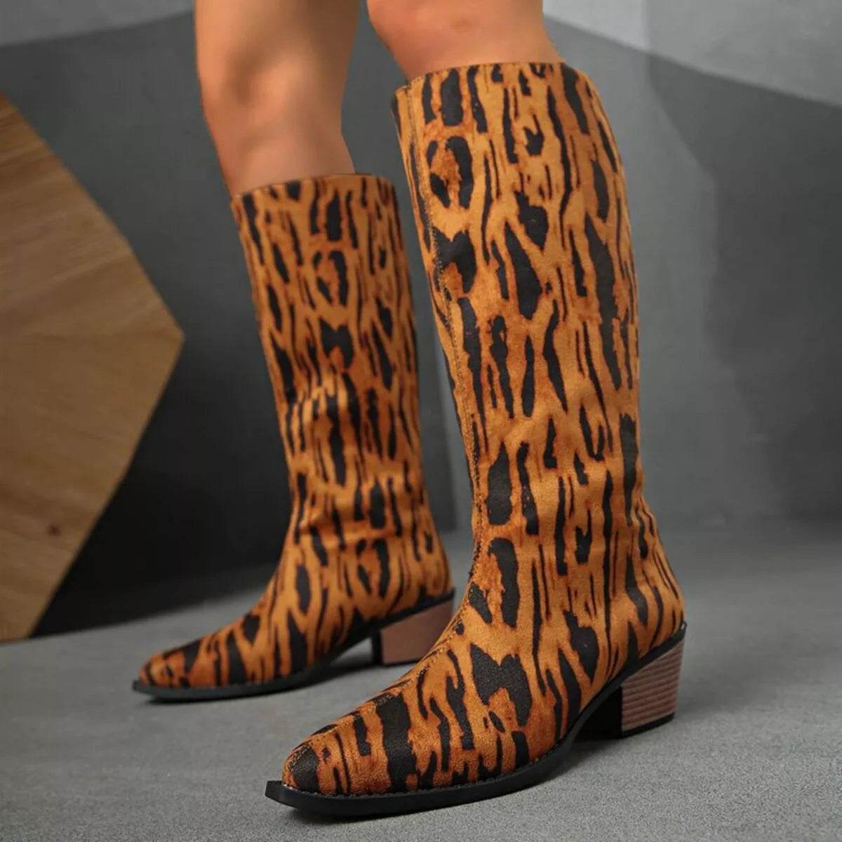 Animal Print Point Toe Block Heels Boots - ELY VESSA LLC