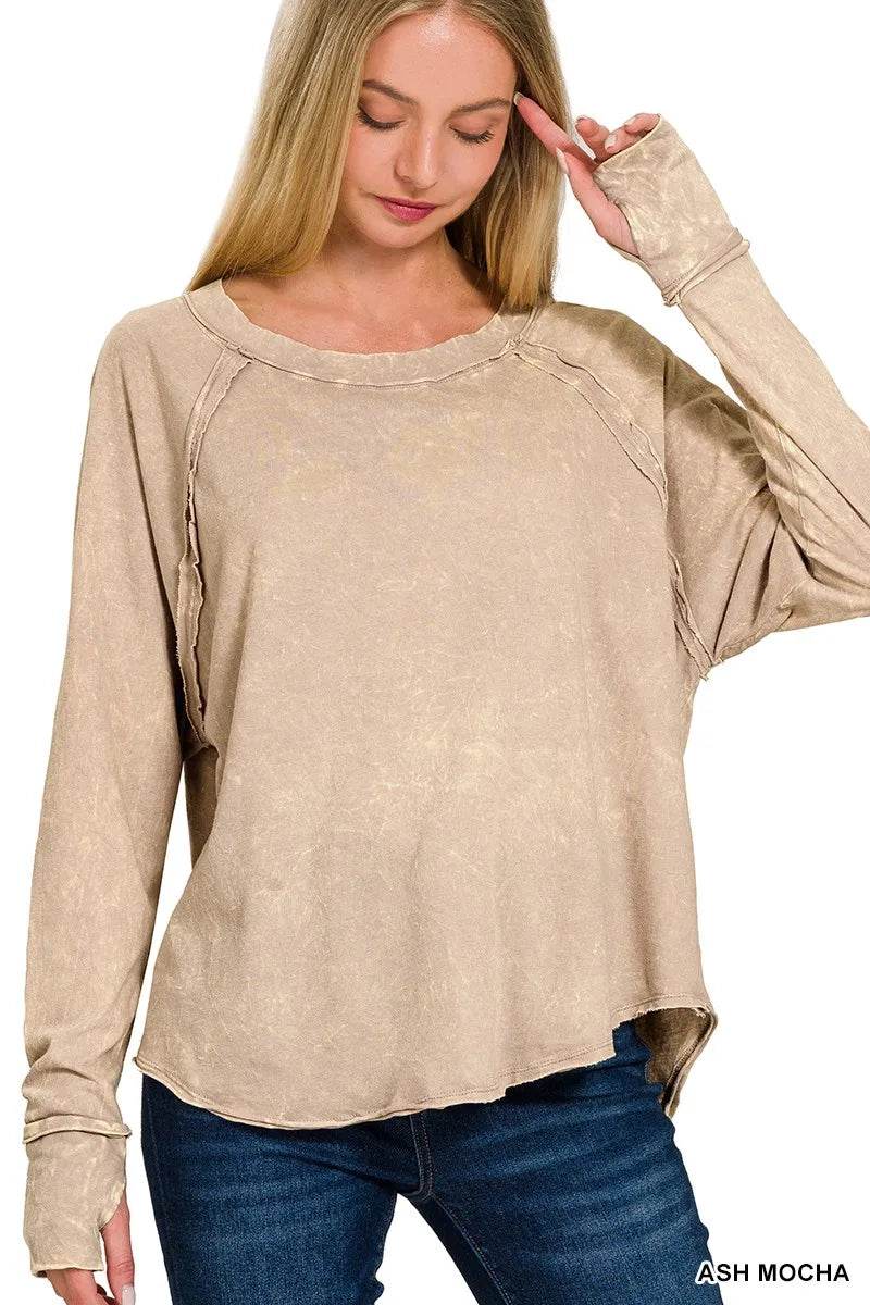Zenana Crinkle Washed Thumb Hole Cuffs Long Sleeve Top - ELY VESSA LLC