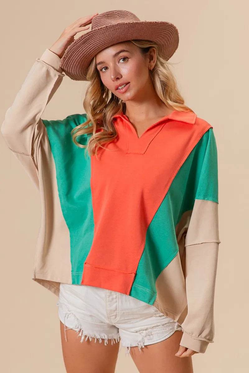 BiBi Colorblock Exposed Seam French Terry Sweatshirt - ELY VESSA LLC
