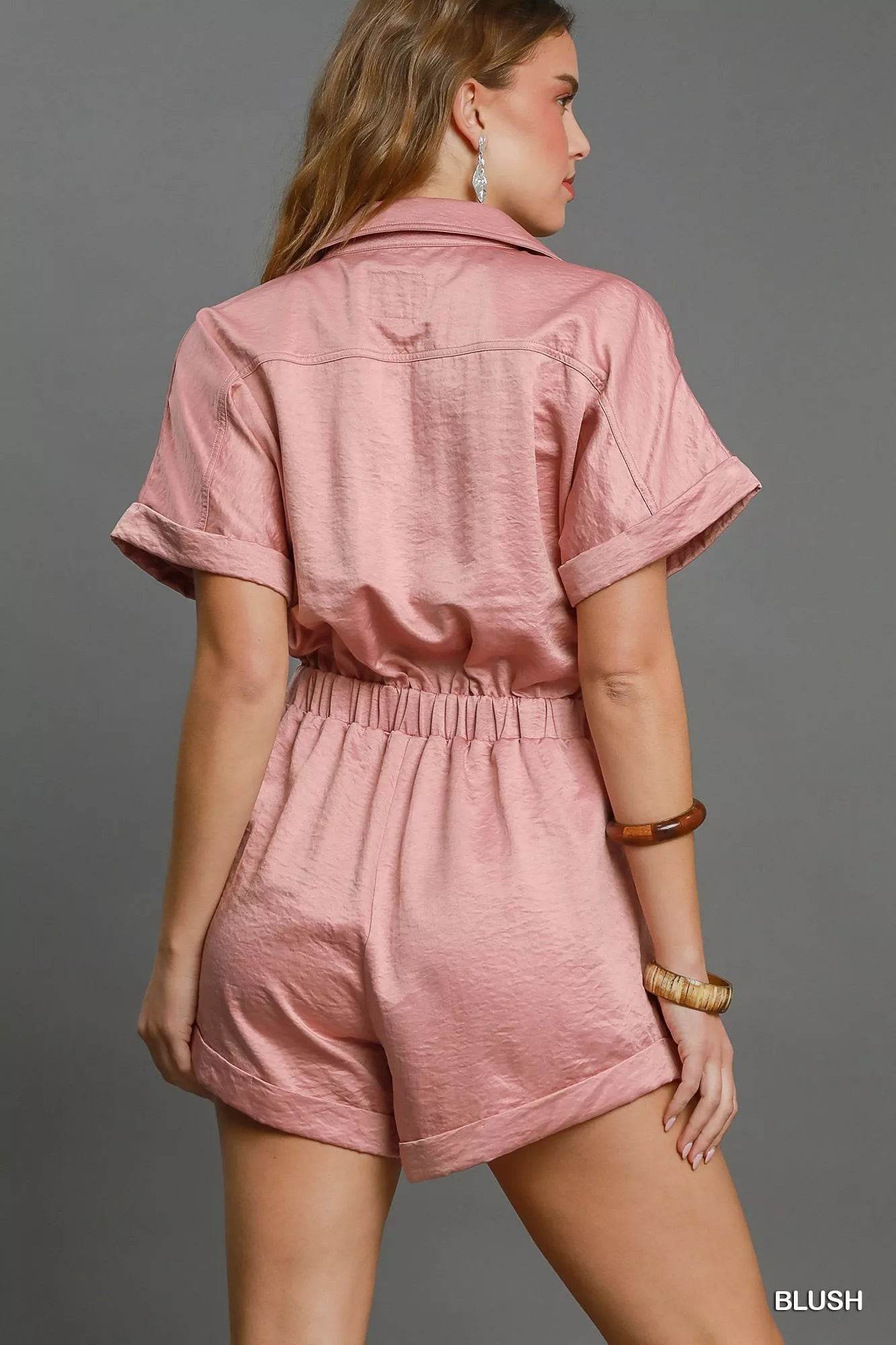 Umgee Button Down Charmeuse Romper - ELY VESSA LLC