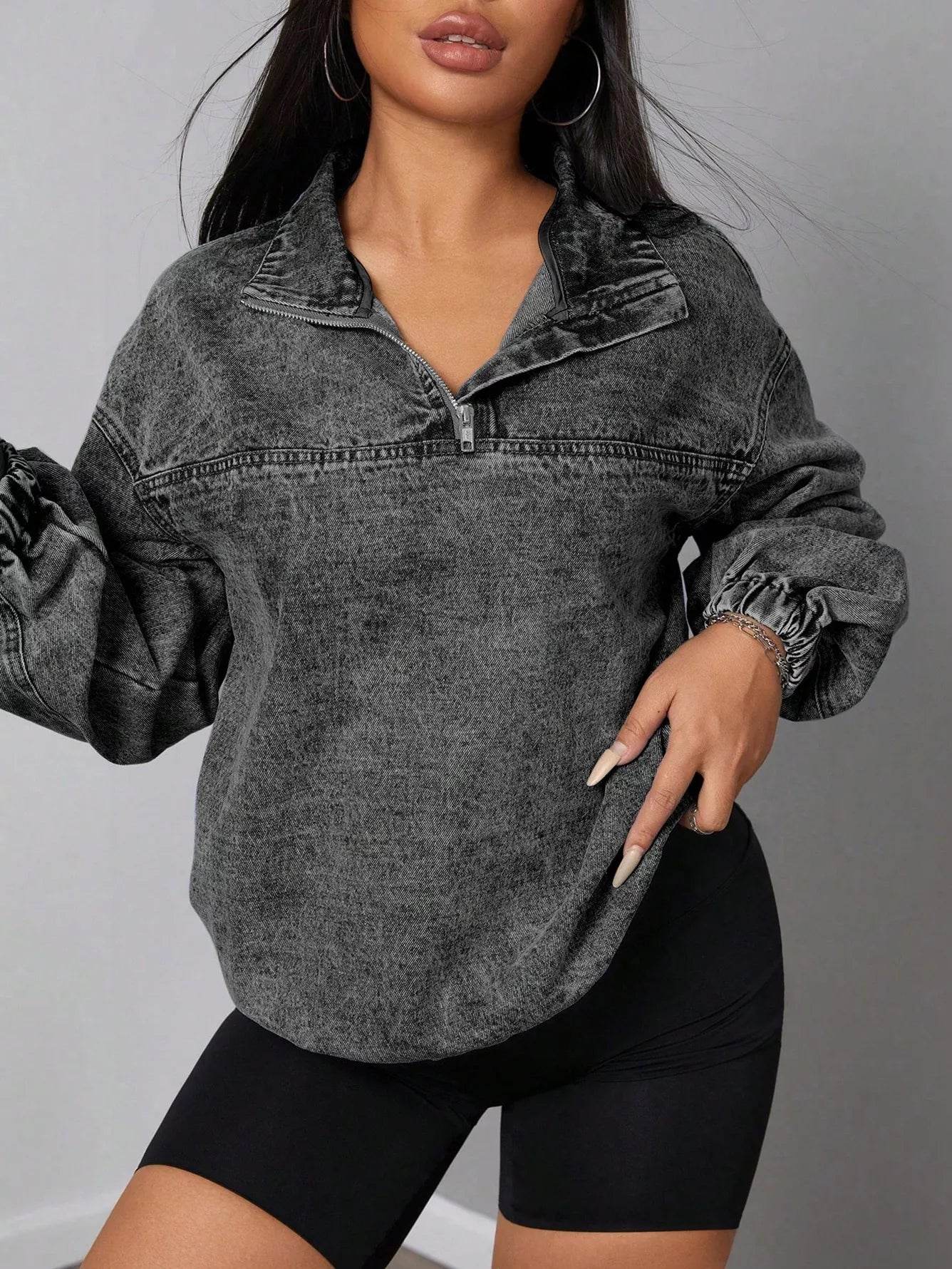 Elastic Hem Quarter Zip Denim Top - ELY VESSA LLC