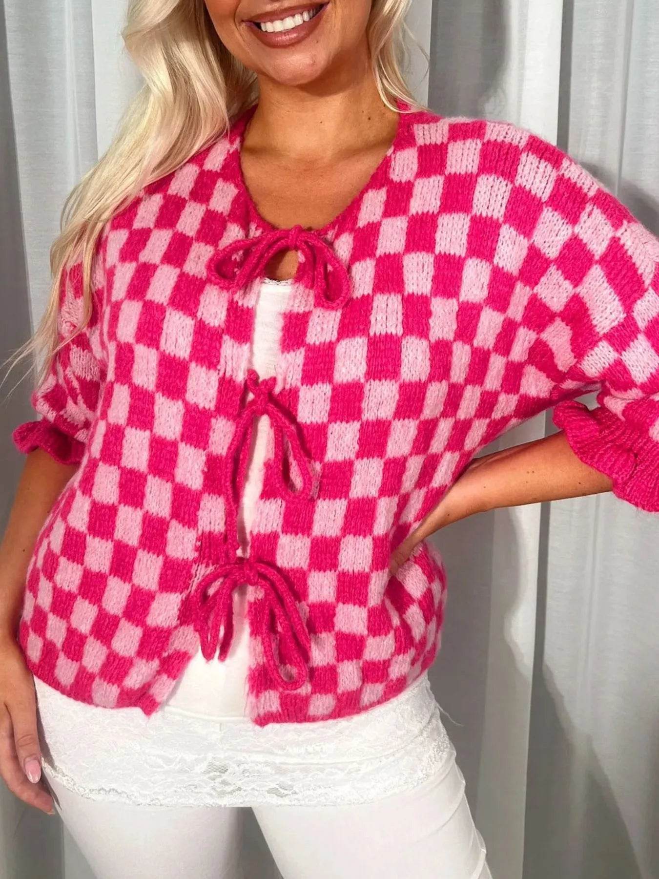 Checkered Tie-Front Knit Cardigan - ELY VESSA LLC