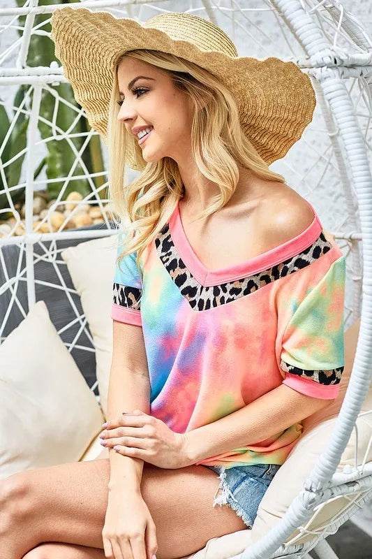 BiBi Rainbow Tie-Dye Leopard Trim V-Neck T-Shirt - ELY VESSA LLC