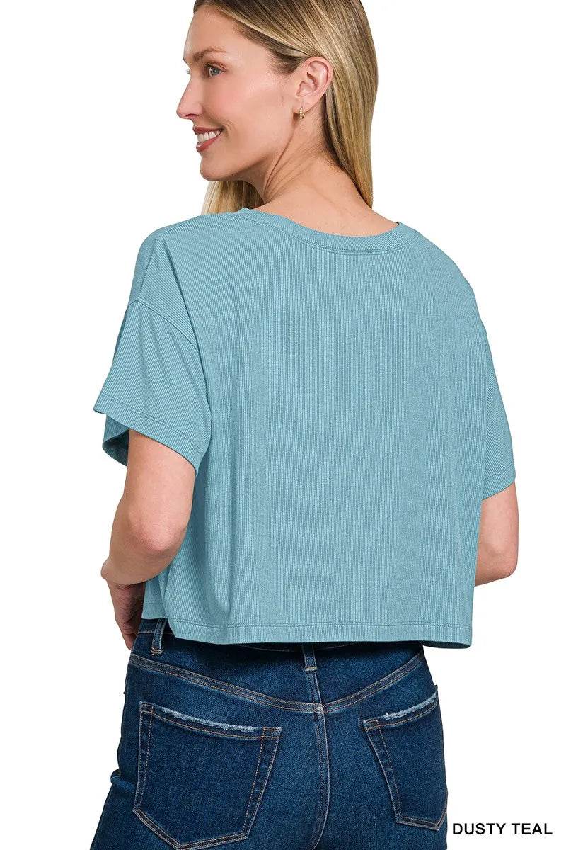 Zenana Ribbed Round-Neck Crop T-Shirt - ELY VESSA LLC