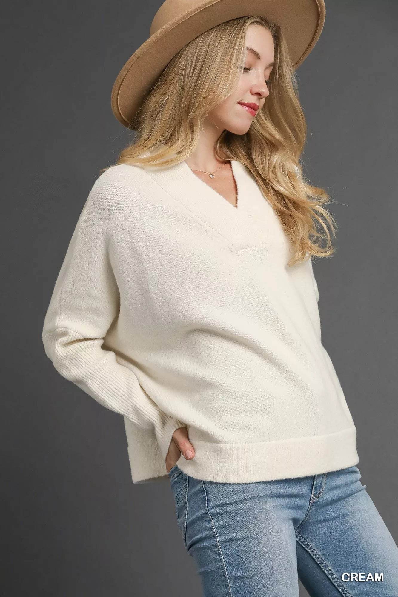 Umgee V-Neck Sweater with Wide Trim Detail - ELY VESSA LLC