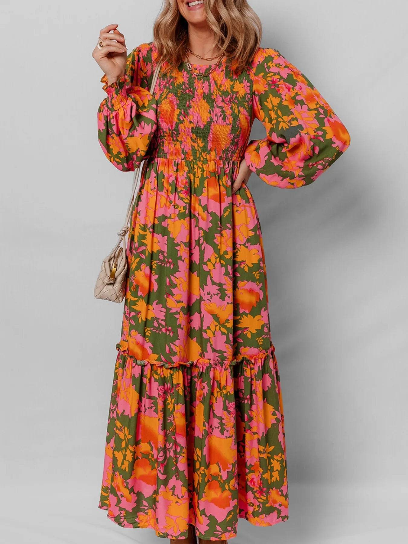 Smocked Floral Print Long Sleeve Maxi Dress - ELY VESSA LLC