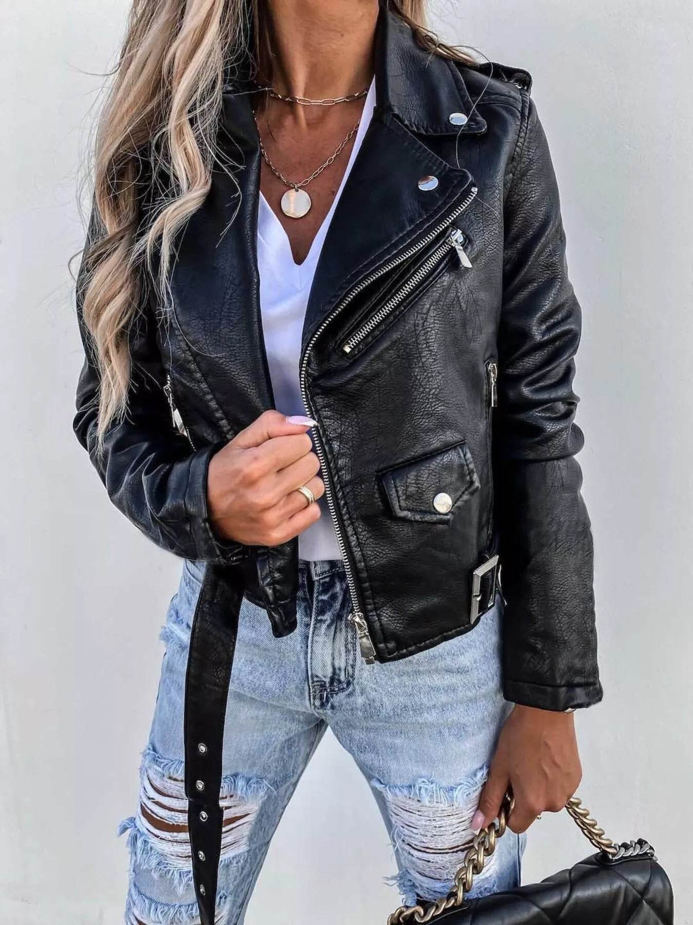 Full Size Zip Up Leather Motorcycle Biker Jacket Plus Size - ELY VESSA LLC