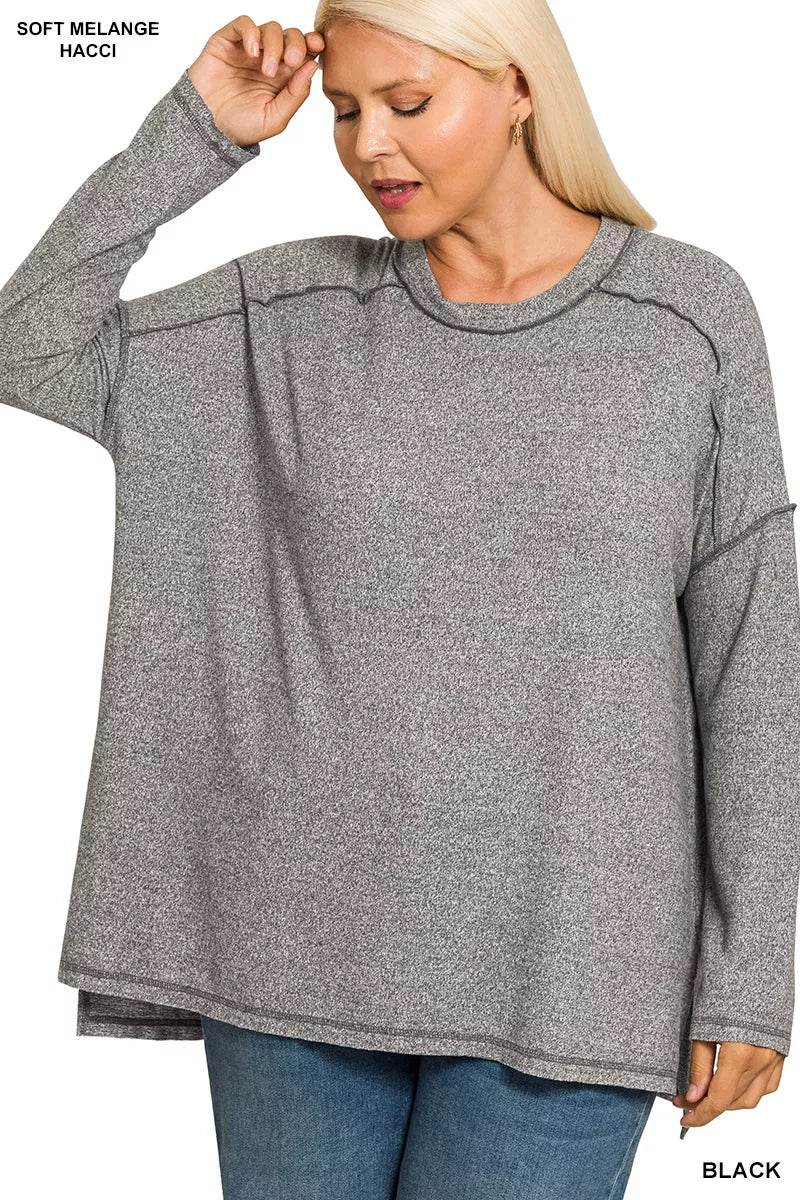 Zenana Full Size Melange Hacci Exposed Seam Hi-low Tee Plus Size - ELY VESSA LLC
