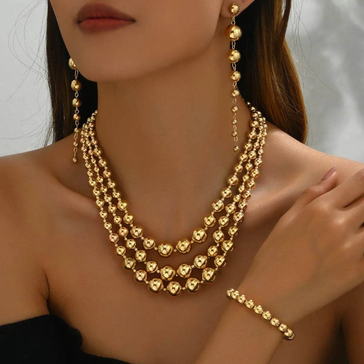 18K Stainless Steel Beaded Multi-Layered Necklace Bracelet Earrings Jewelry Set - ELY VESSA LLC