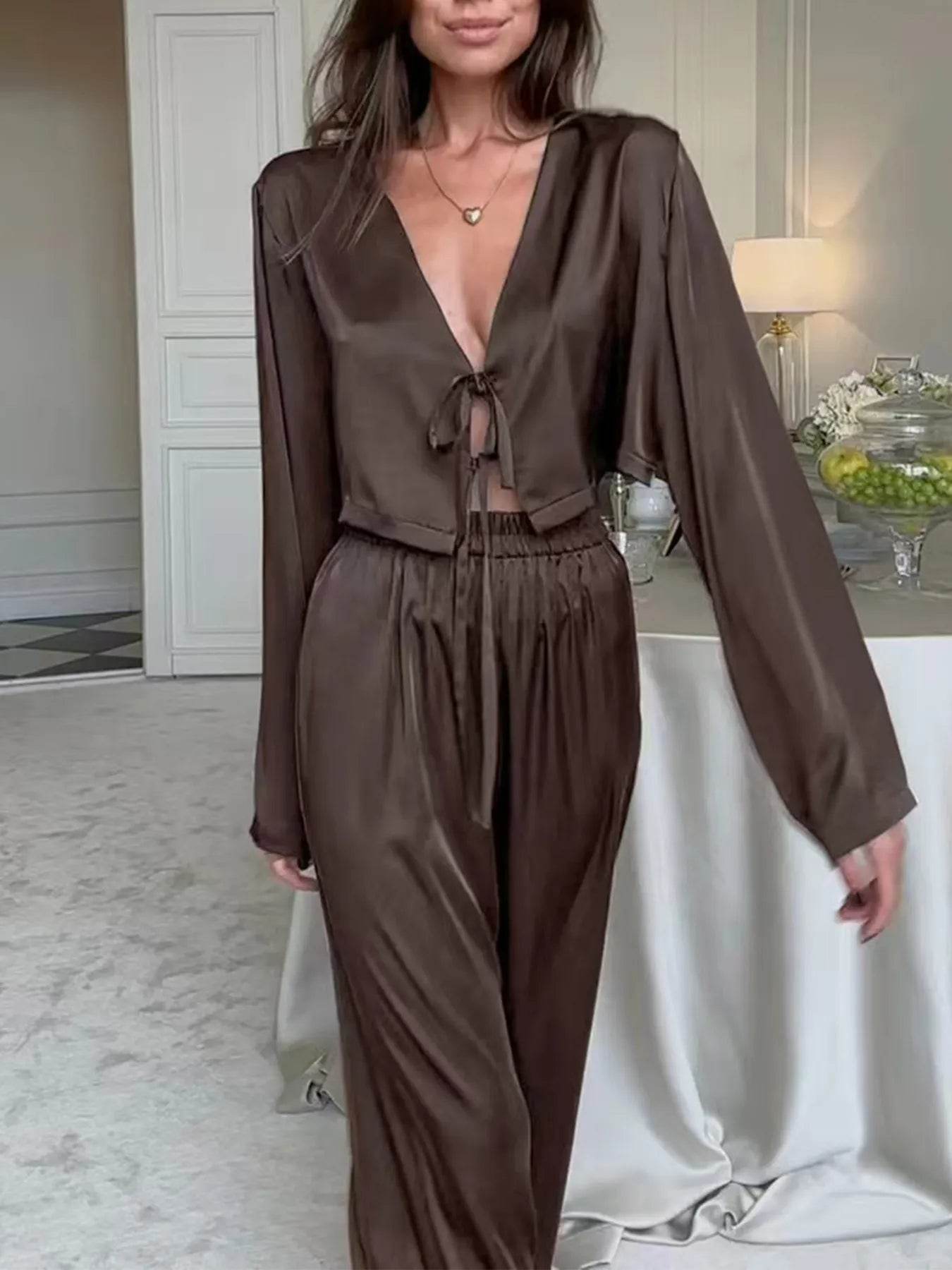 Tie-Front Crop Top and Pants Set - ELY VESSA LLC