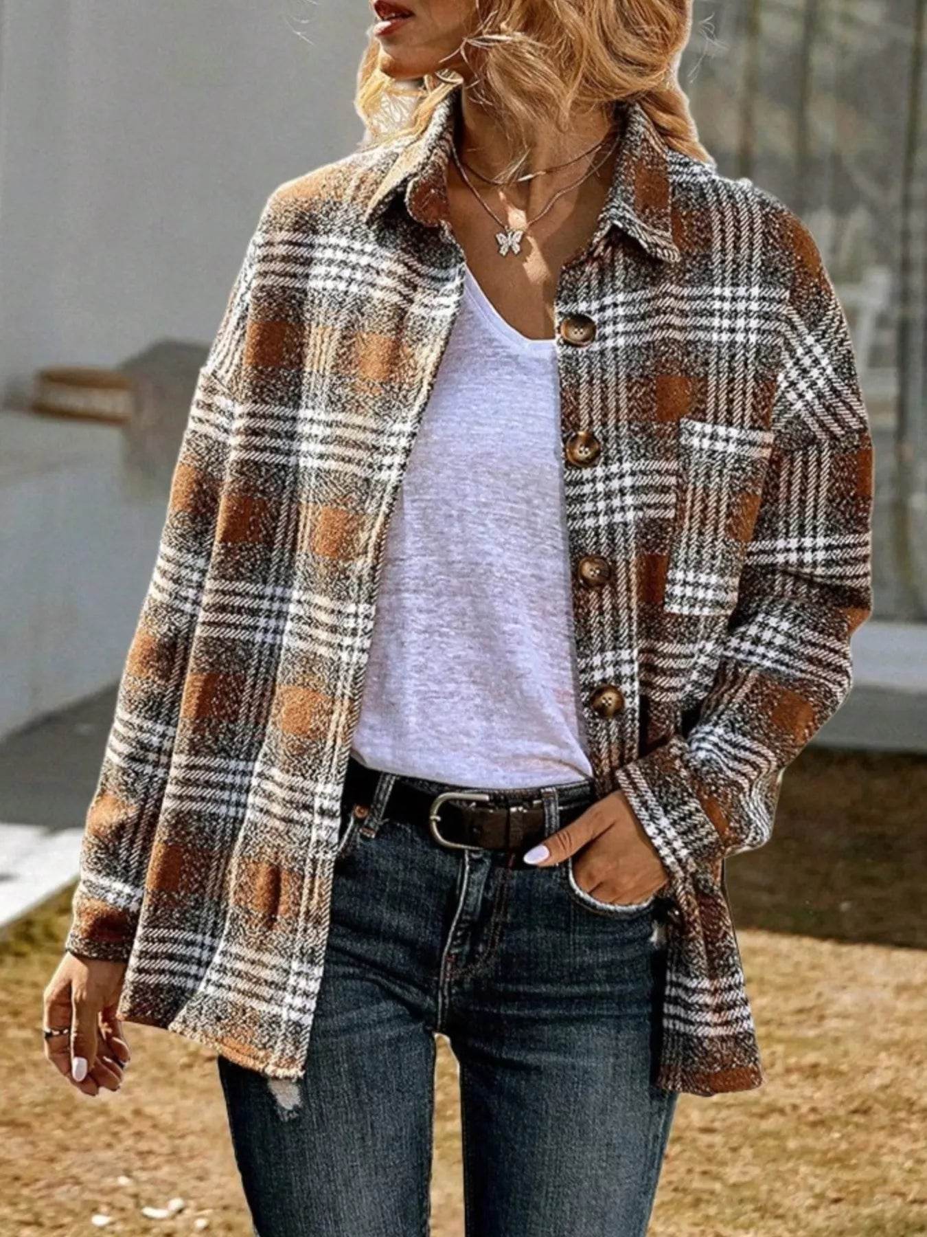 Plaid Button Up Long Sleeve Shacket - ELY VESSA LLC