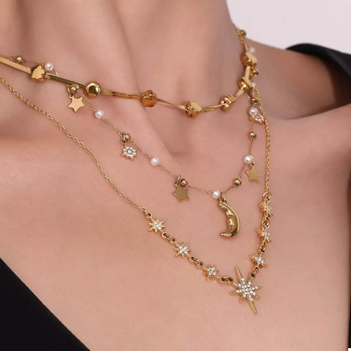 18K Gold-Plated Stainless Steel Zircon Star Moon Necklace - ELY VESSA LLC