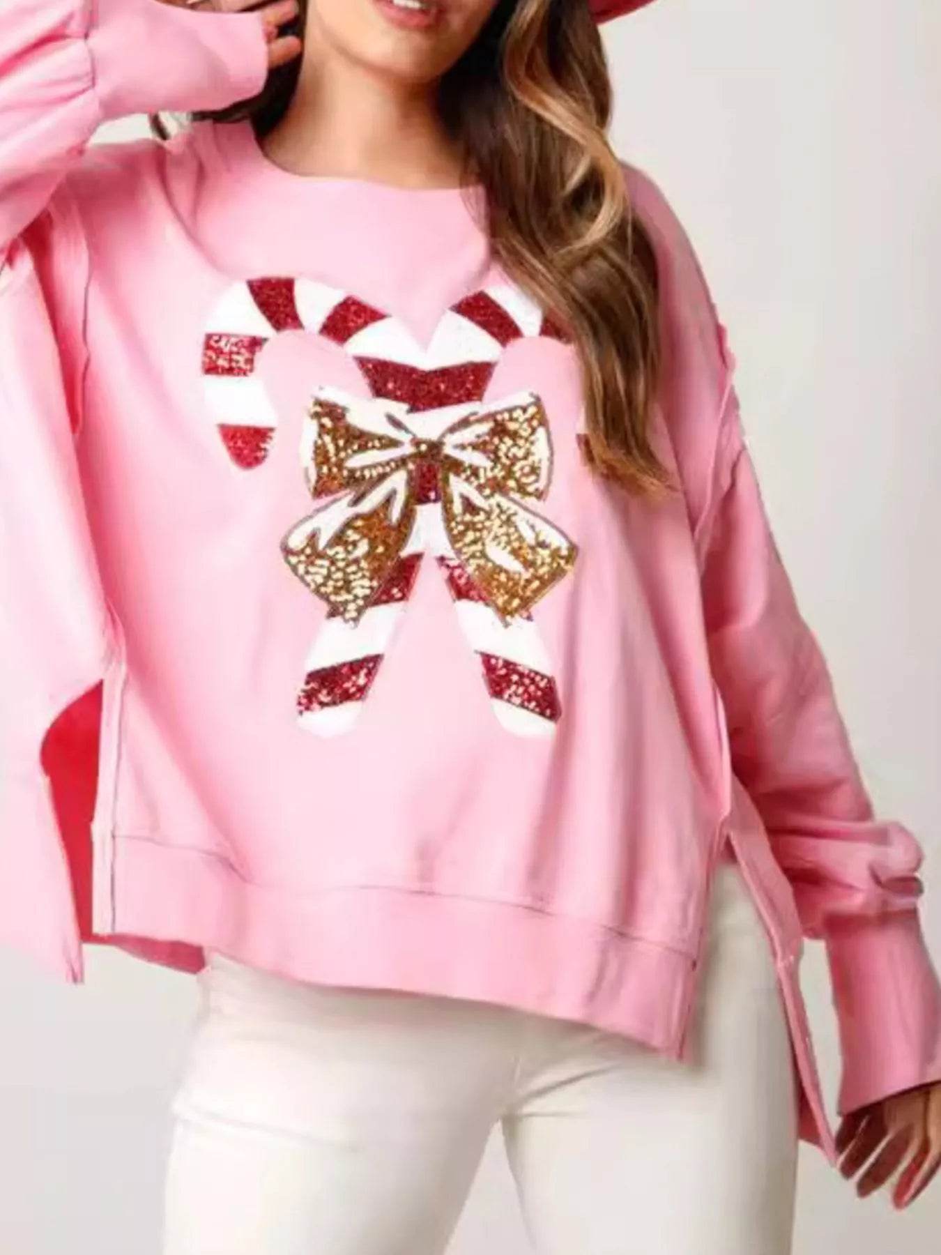 Christmas Candy Cane Bow Dropped Shoulder Sweatshirt - ELY VESSA LLC