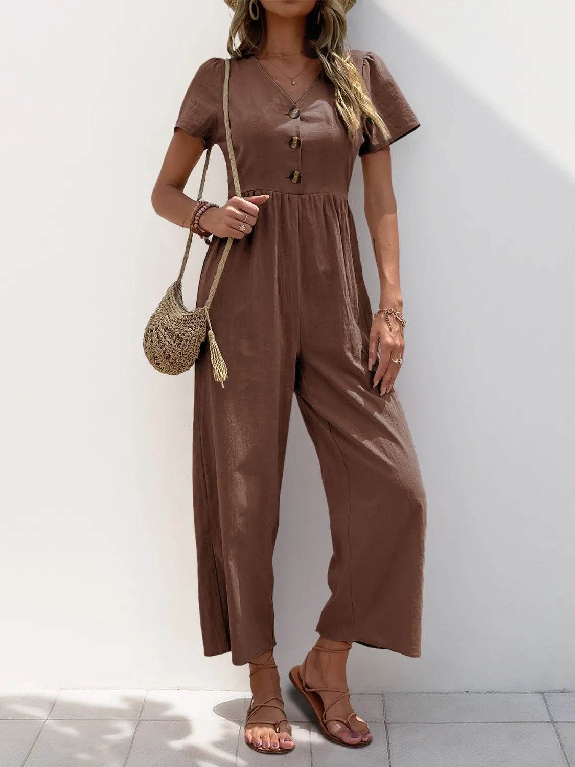 V-Neck Short Sleeve Wide Leg Jumpsuit - ELY VESSA LLC