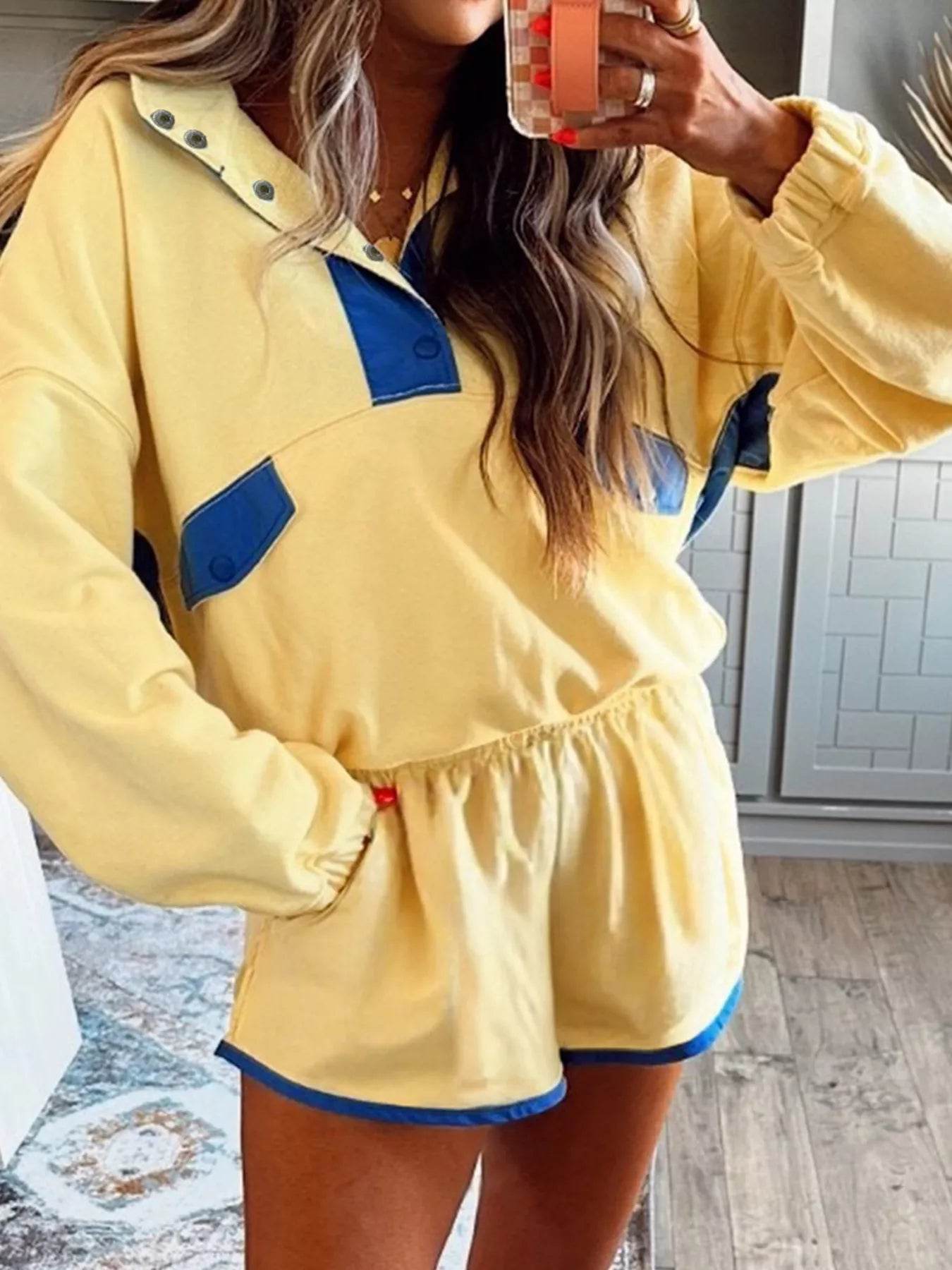 Color Block Patchwork Half Button Top and Shorts 2pcs Set - ELY VESSA LLC