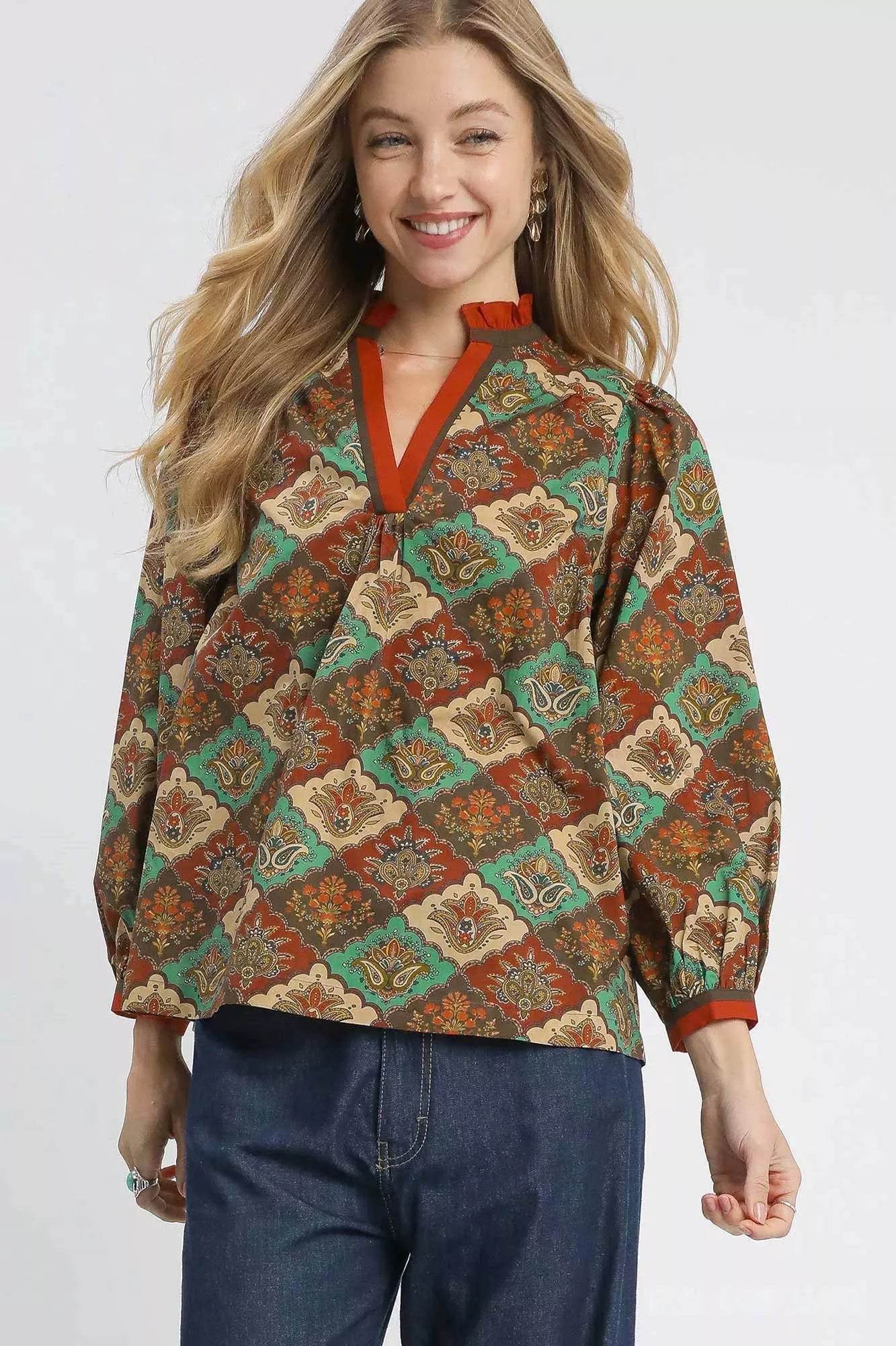 Umgee Abstract Print Ruffle Neck Top - ELY VESSA LLC