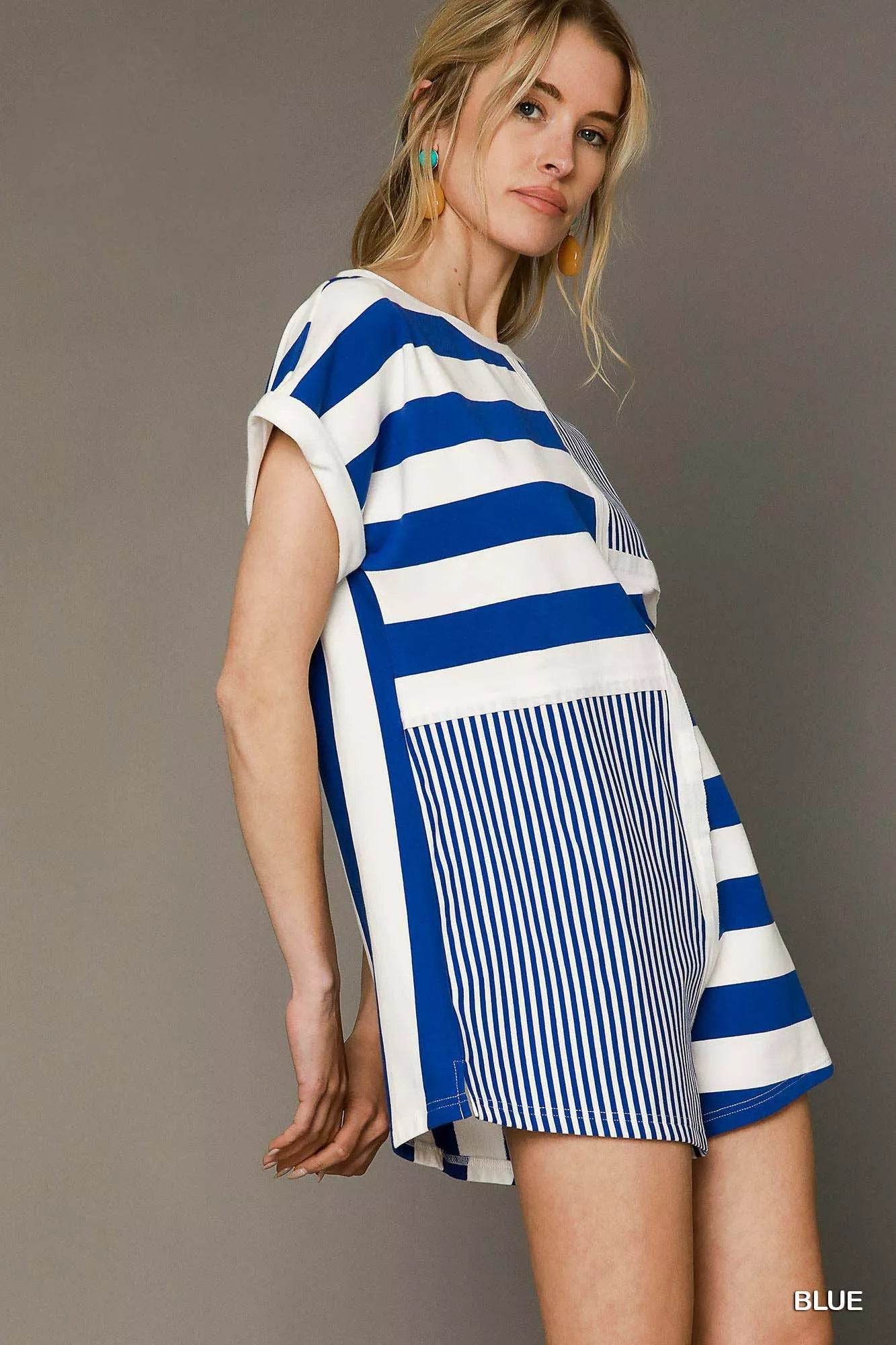 Umgee Mixed Striped Short Sleeve Romper - ELY VESSA LLC