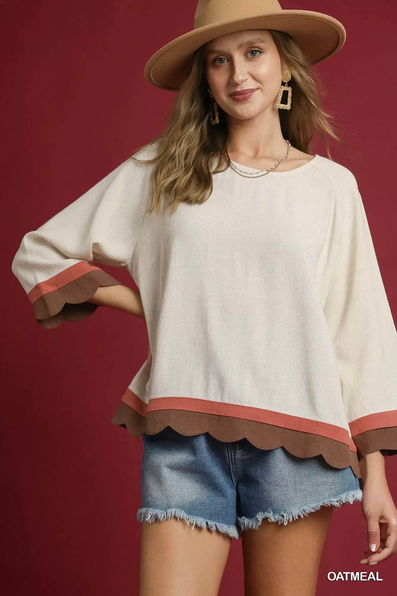 Umgee Scalloped Hem Color Block Top - ELY VESSA LLC