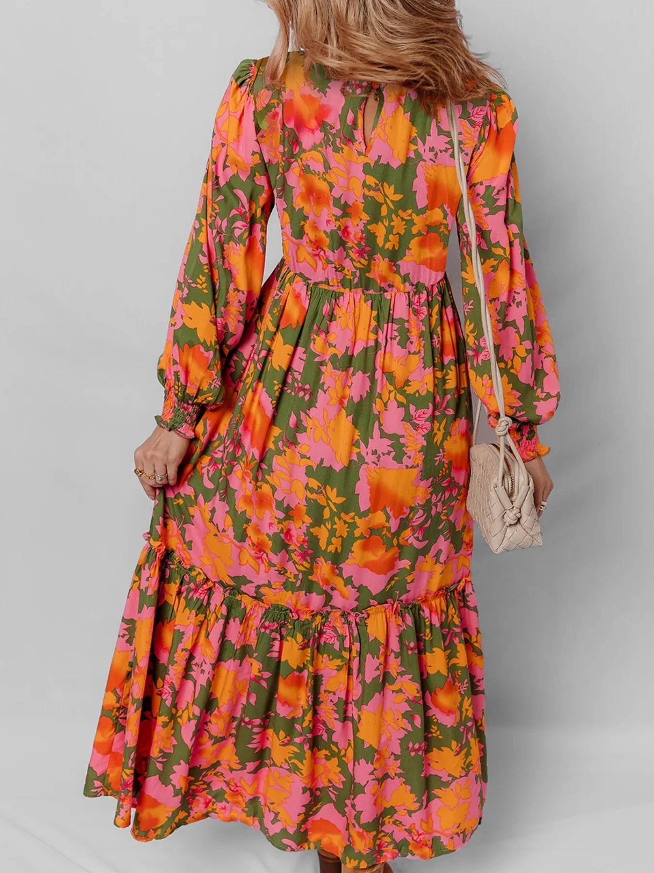 Smocked Floral Print Long Sleeve Maxi Dress - ELY VESSA LLC