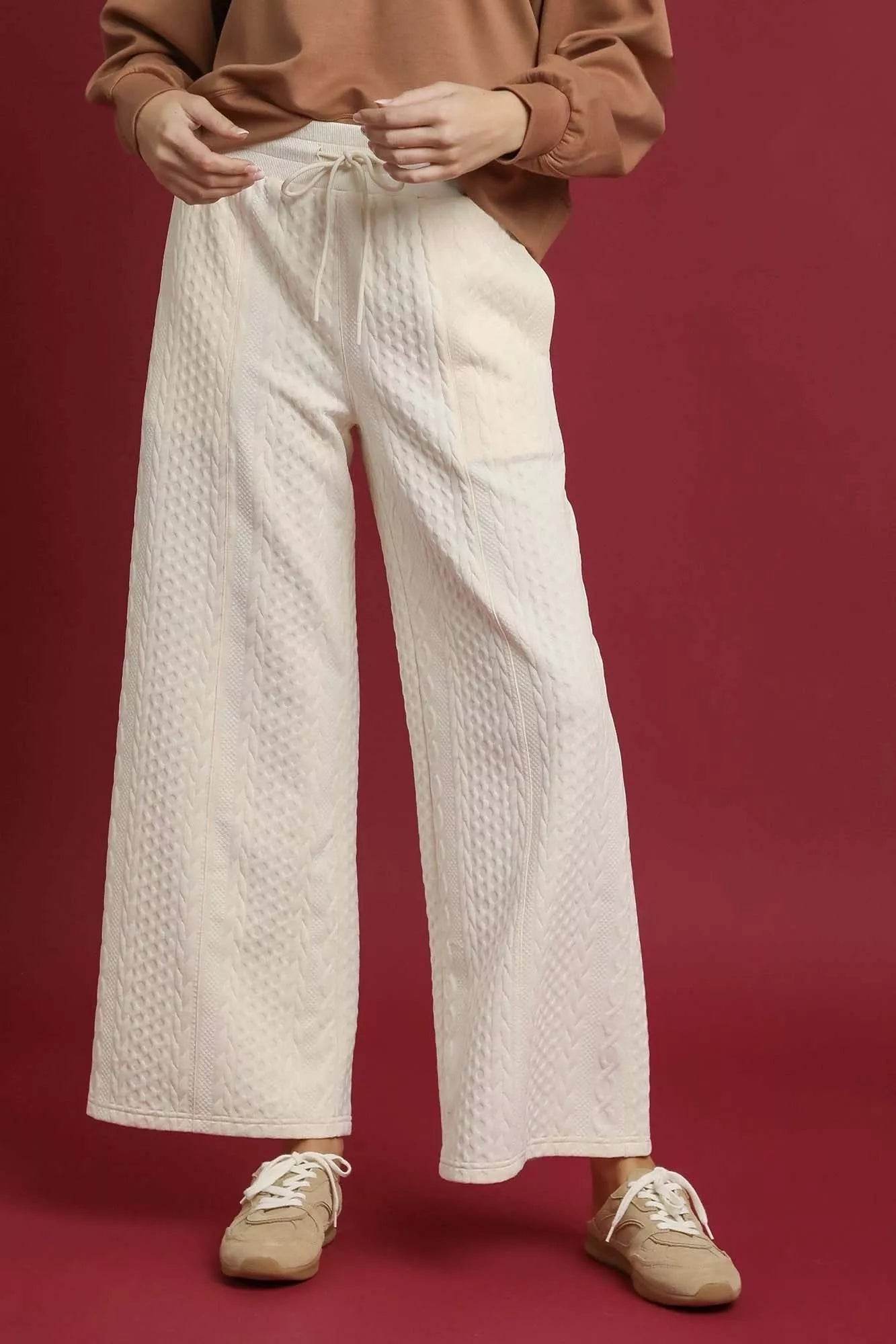 Umgee Cable Knit Textured Wide Leg Pants - ELY VESSA LLC