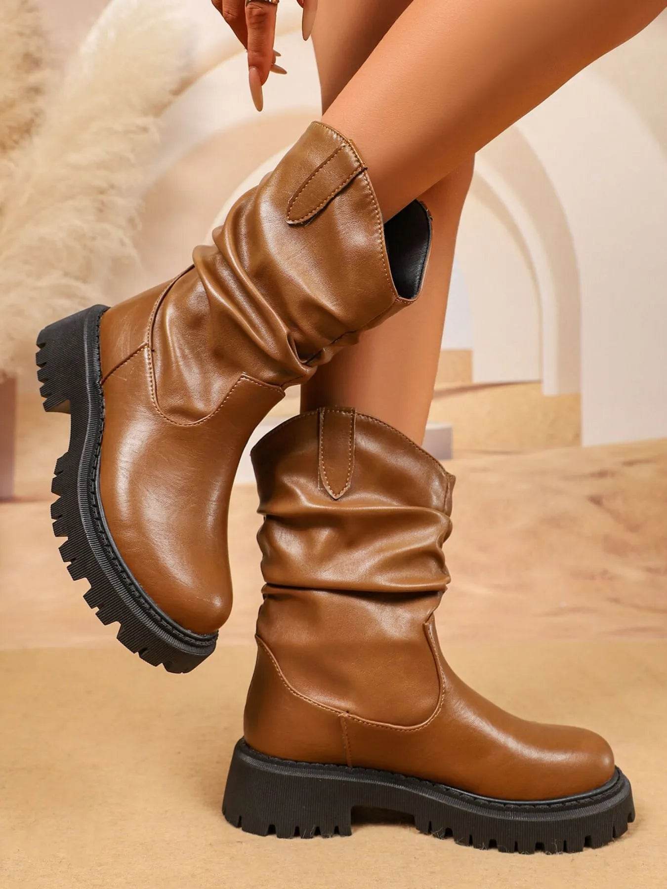 Round Toe Platform Boots - ELY VESSA LLC