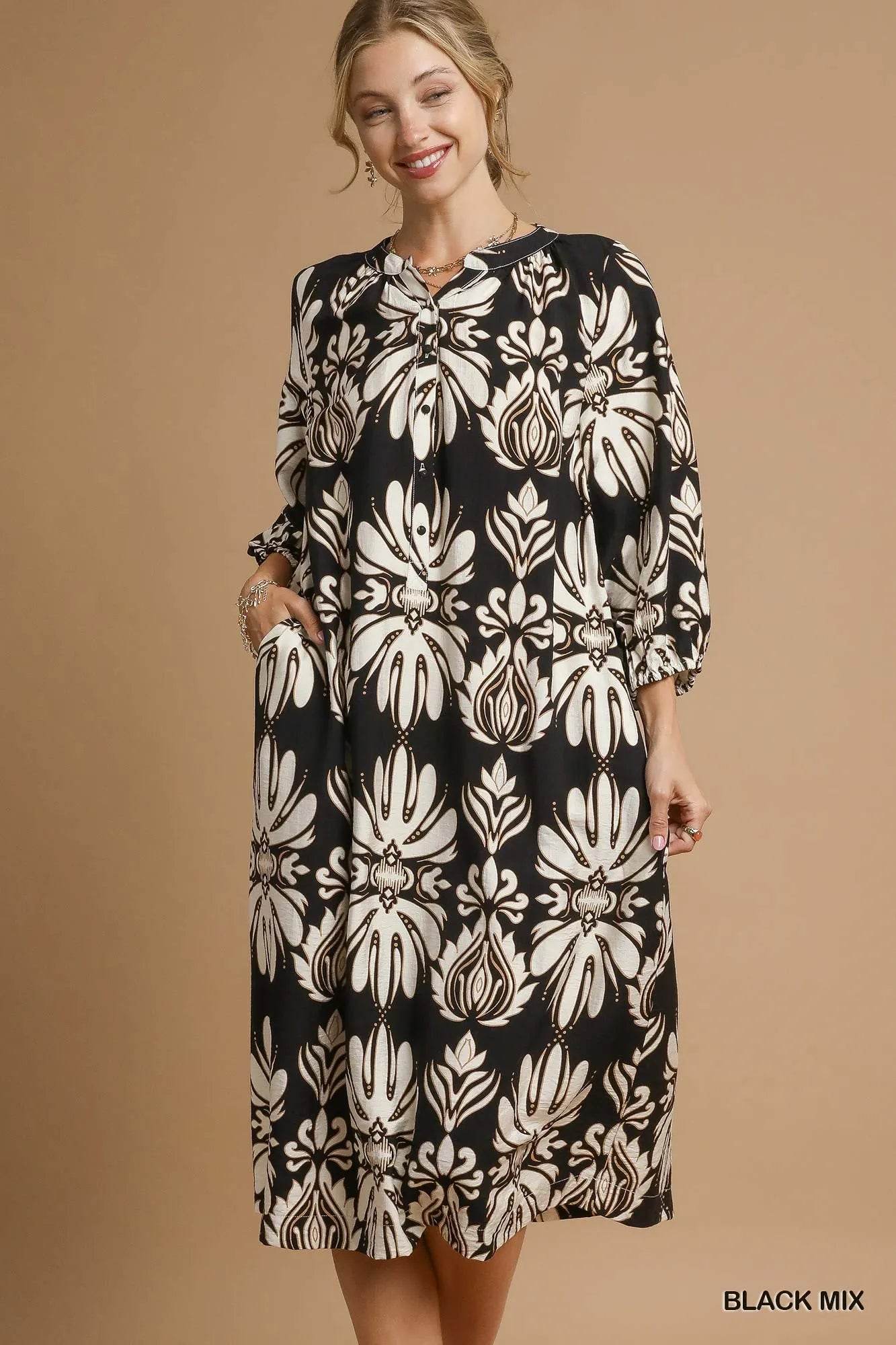 Umgee Mix Abstract Floral Print Midi Dress - ELY VESSA LLC