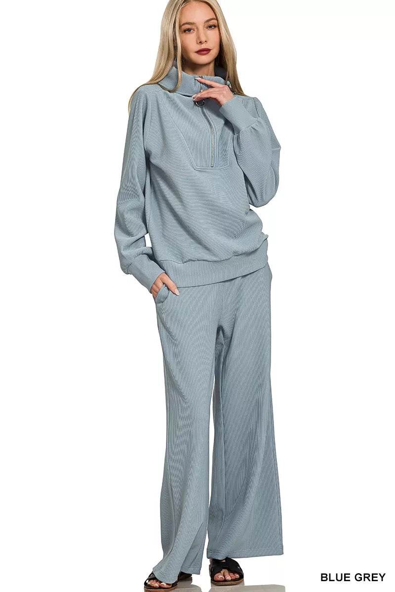 Zenana Ribbed High Neck Half Zip Pullover & Pants Set - ELY VESSA LLC