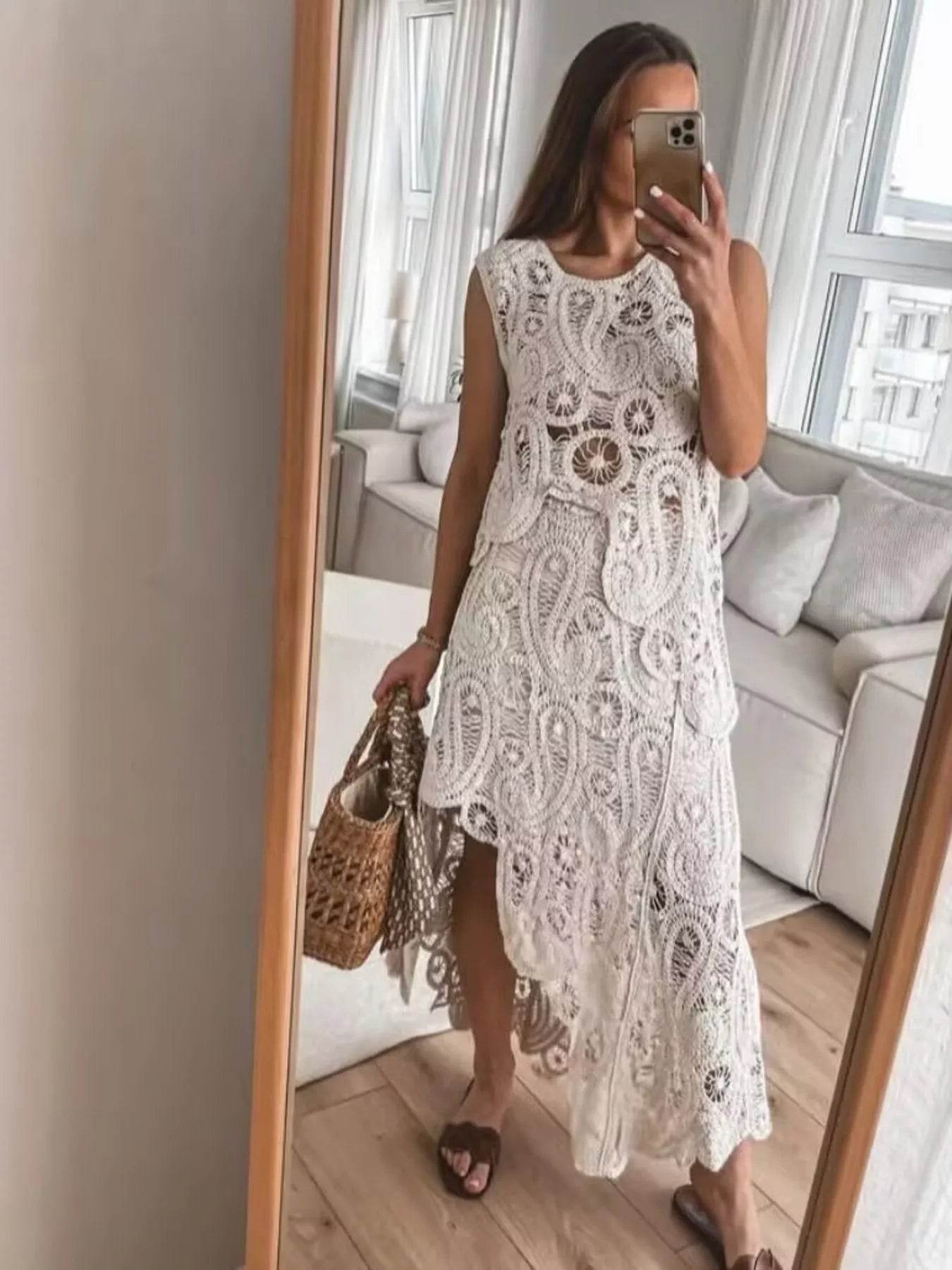 Crochet Sleeveless Tank and Skirt Set - ELY VESSA LLC