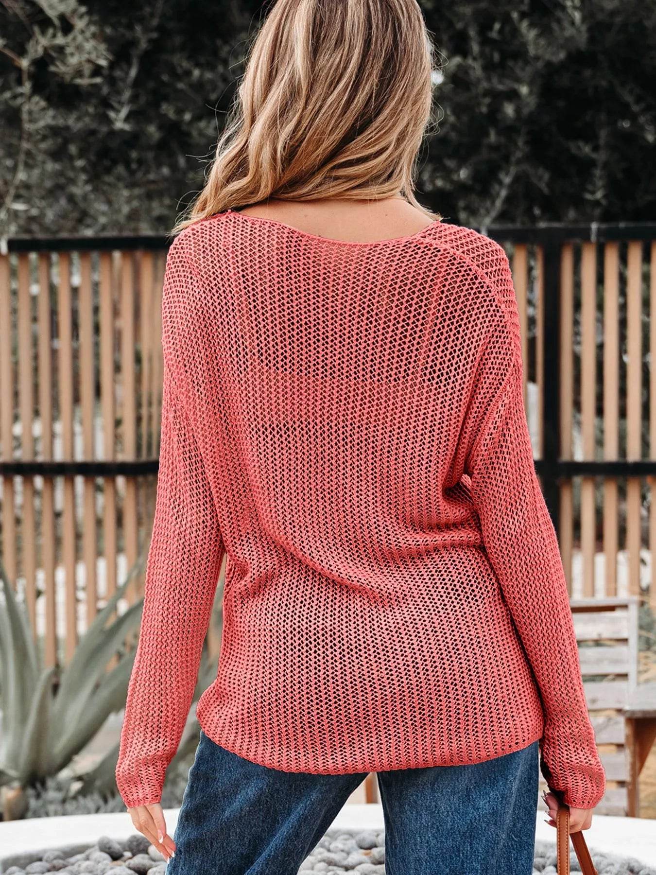 Crochet Hollow Out Long Sleeve Knit Top - ELY VESSA LLC