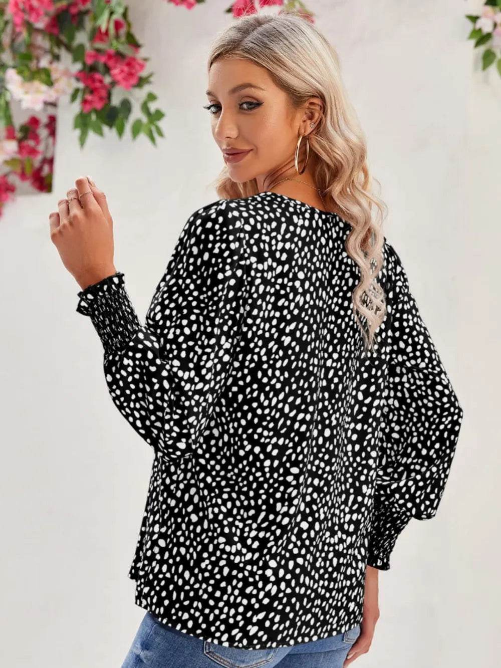 Printed V-Neck Lantern Sleeve Blouse - ELY VESSA LLC
