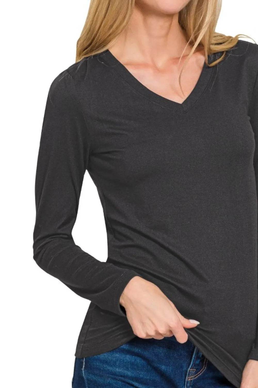 Zenana Brushed Microfiber Long Sleeve V-neck Tee - ELY VESSA LLC