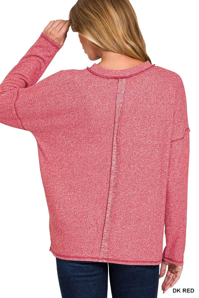 Zenana Soft Melange Hacci Round-Neck Long Sleeve T-Shirt - ELY VESSA LLC