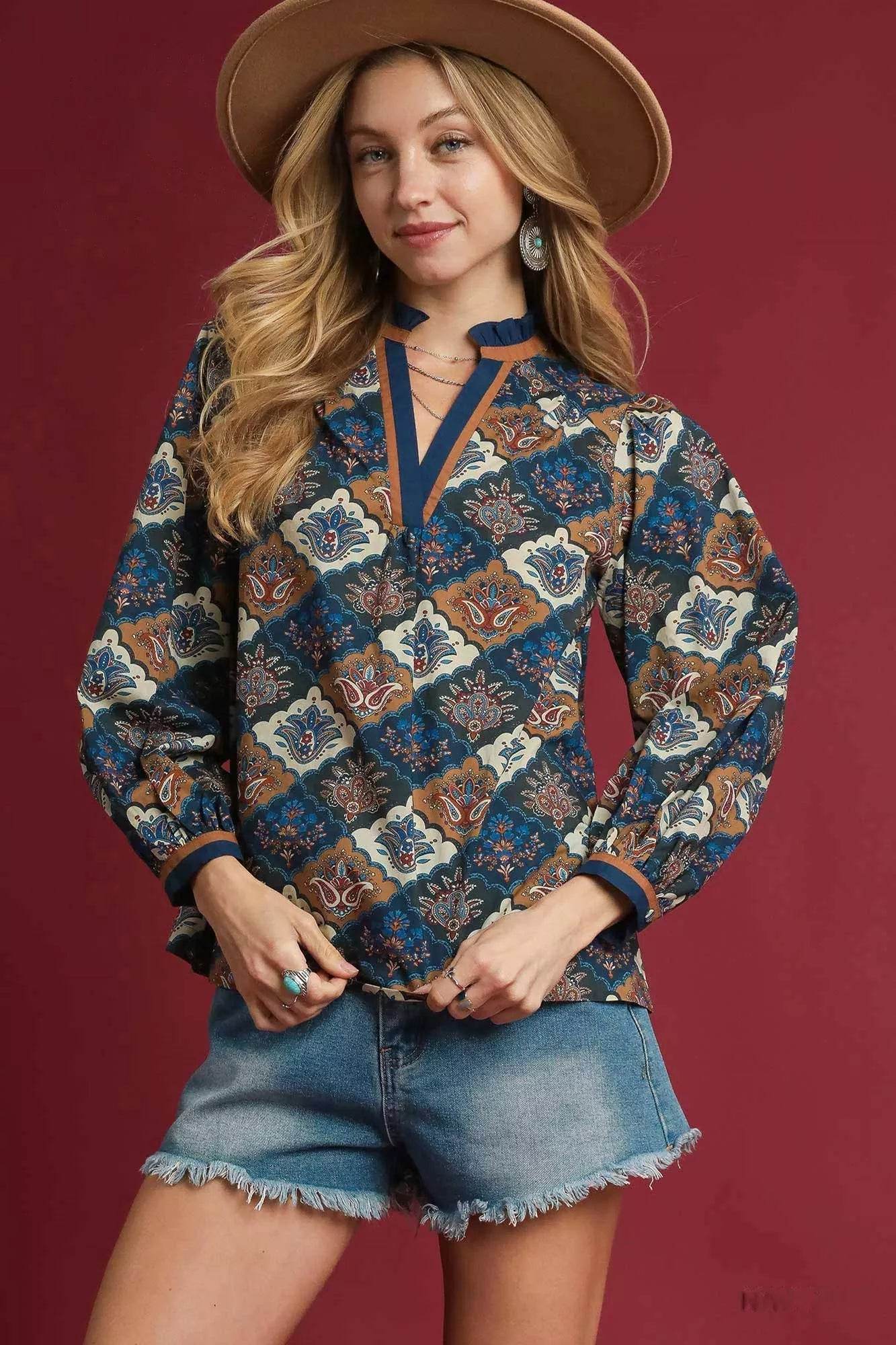 Umgee Abstract Print Ruffle Neck Top - ELY VESSA LLC
