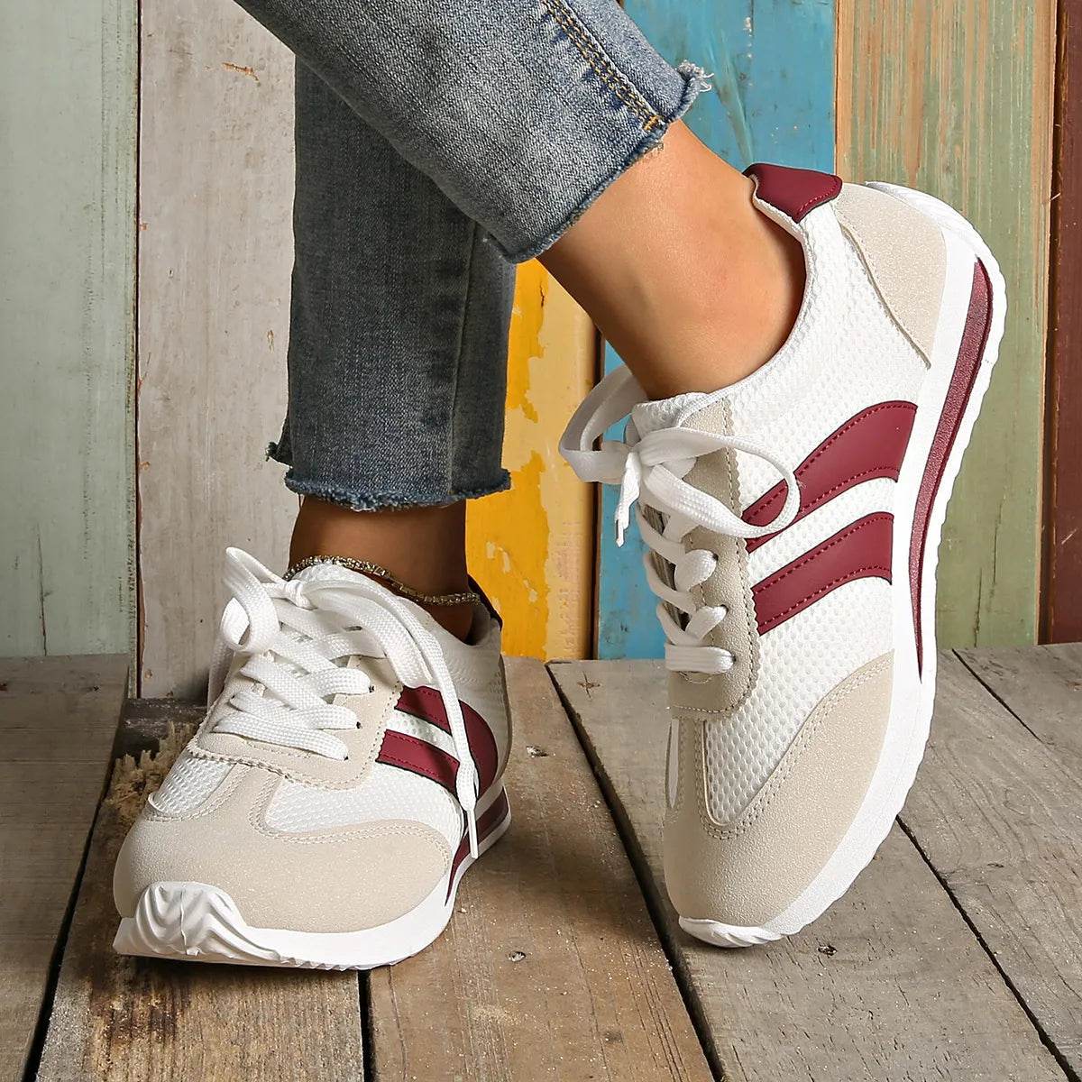 Striped Contrast Mesh Lace Up Sneakers - ELY VESSA LLC