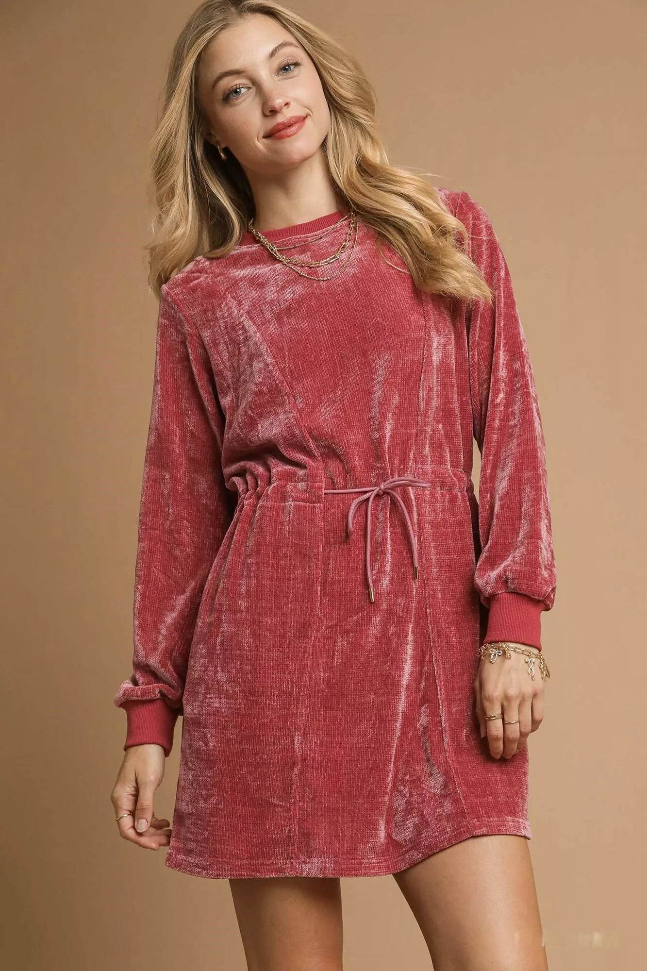 Umgee Velour Drawstring Mini Dress with Long Sleeves - ELY VESSA LLC