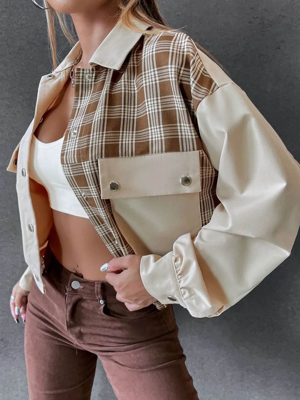 Snap Down Color Block Plaid Jacket - ELY VESSA LLC