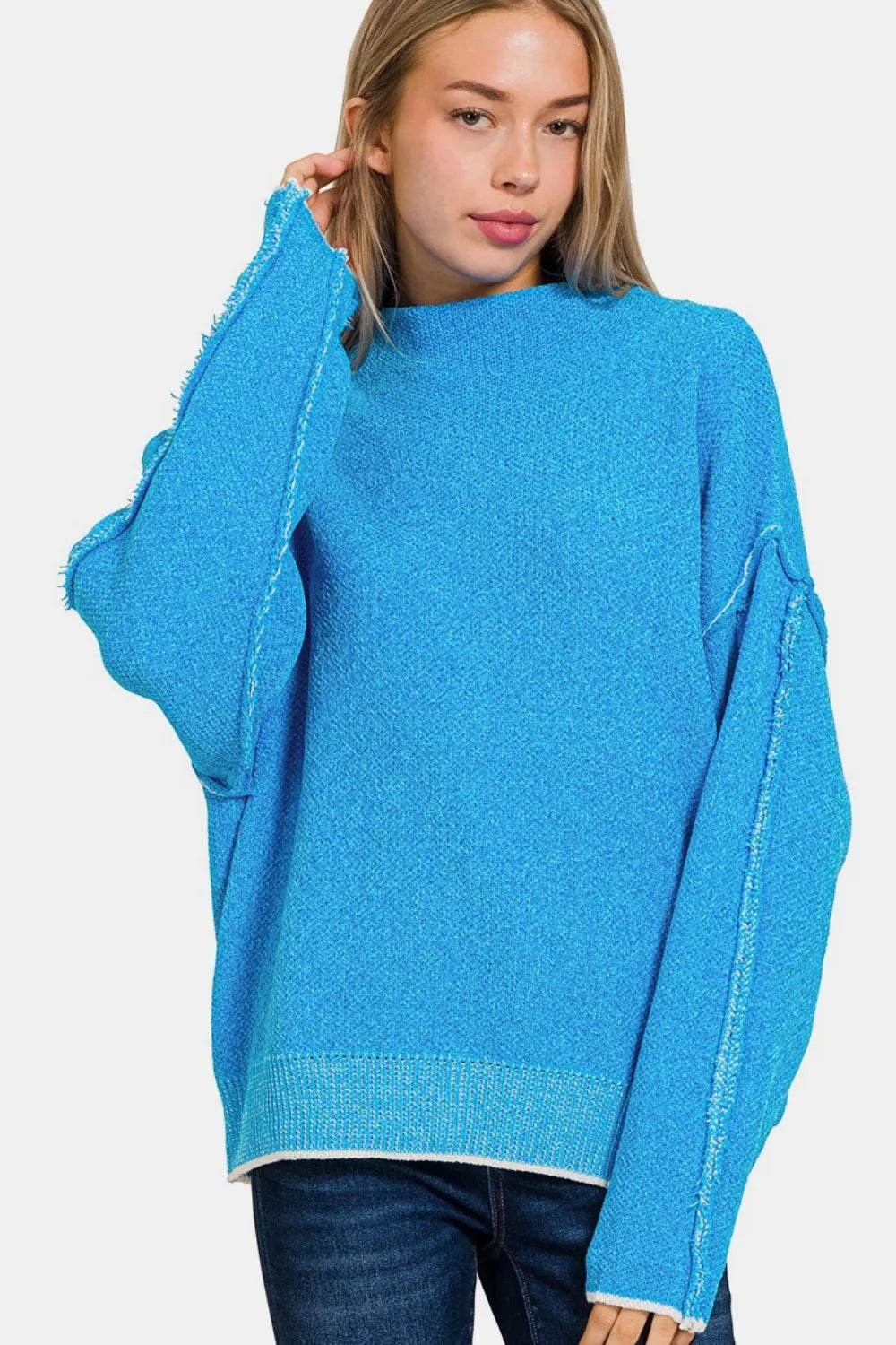 Zenana Exposed Seam Mock Neck Long Sleeve Sweater - ELY VESSA LLC