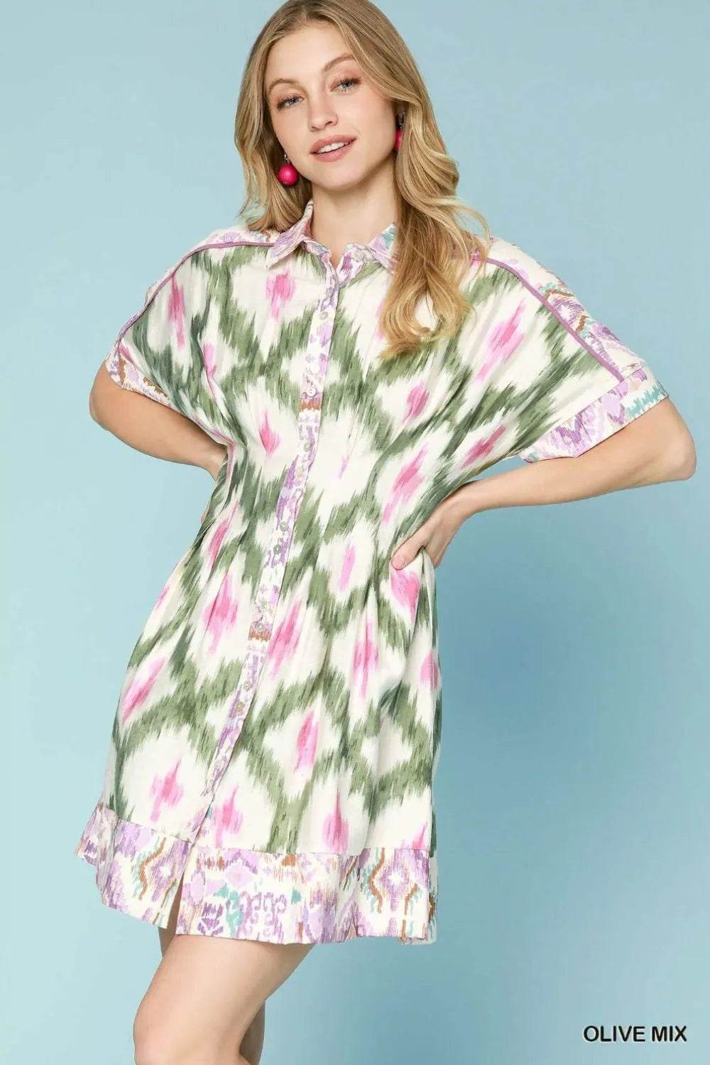 Umgee Ethnic Print Short Sleeve Mini Shirt Dress - ELY VESSA LLC