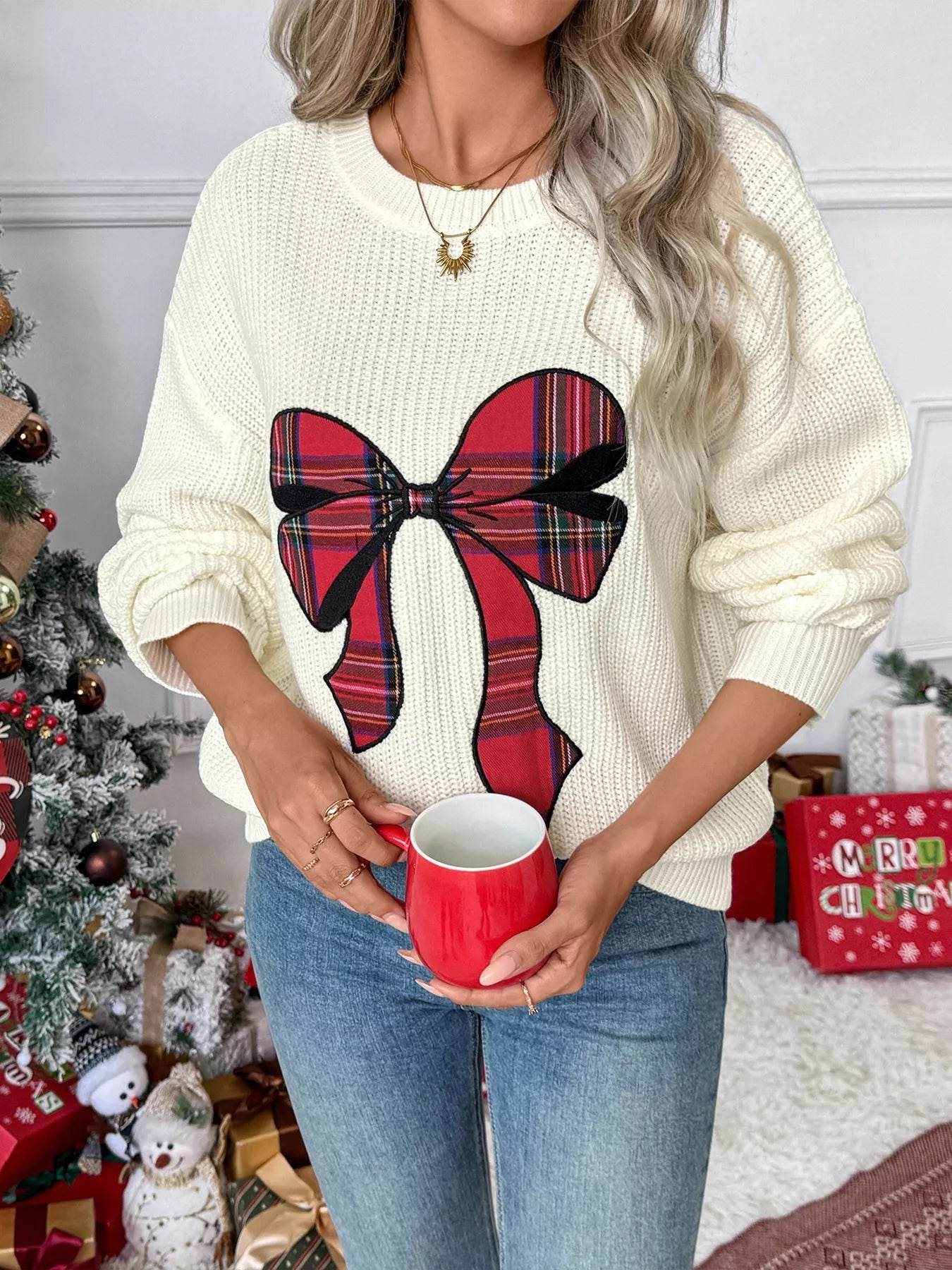 Christmas Bow Dropped Shoulder Sweater - ELY VESSA LLC