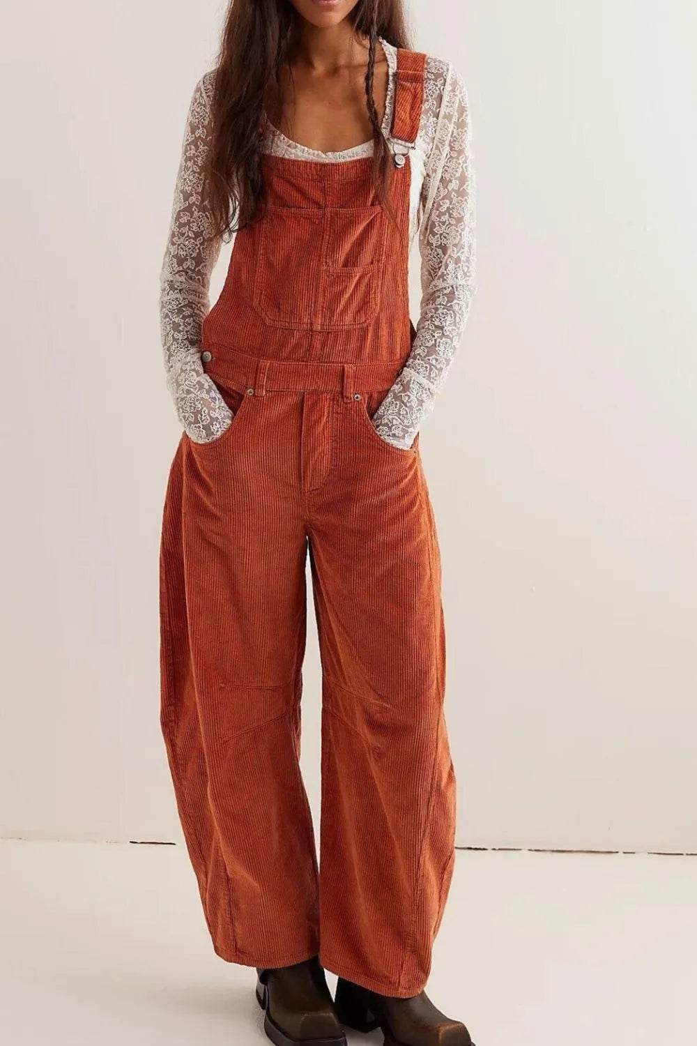 Corduroy Wide-Leg Overall with Adjustable Straps - ELY VESSA LLC